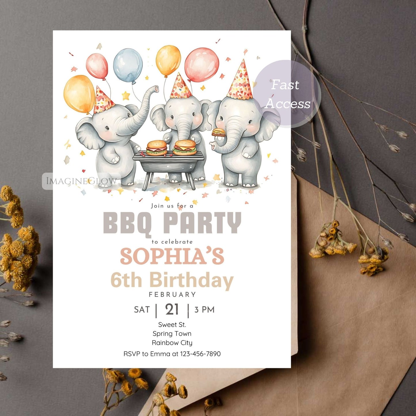 Customizable elephant birthday card for outdoor celebrations.