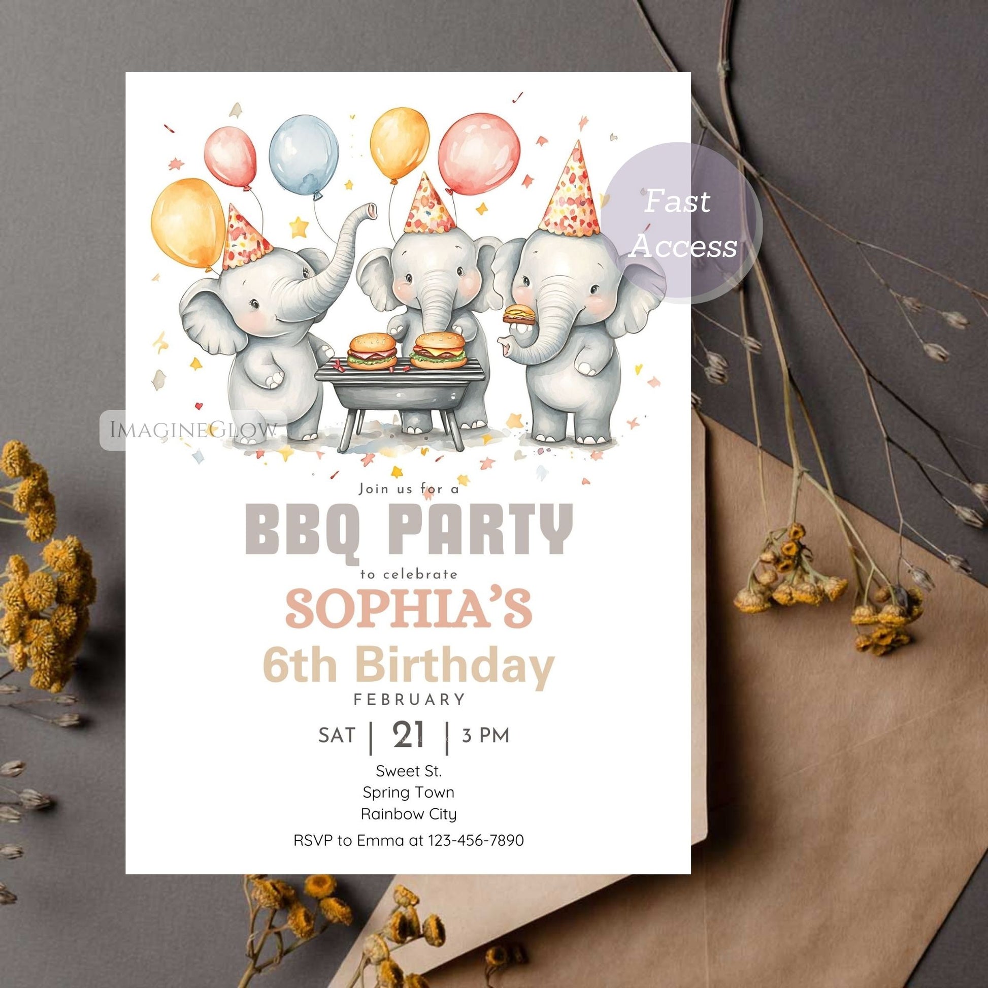 Customizable elephant birthday card for outdoor celebrations.