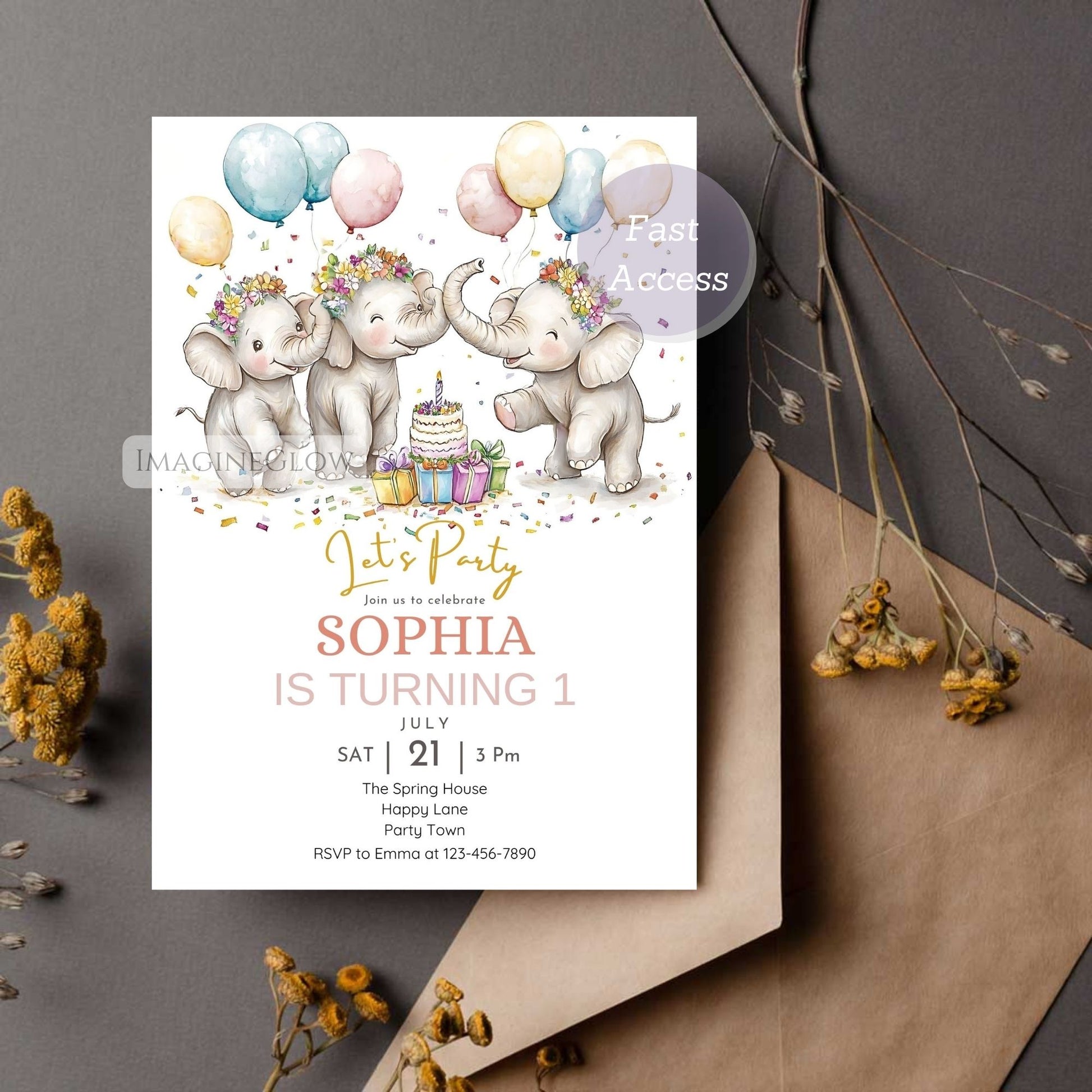 Safari themed elephant birthday invitation