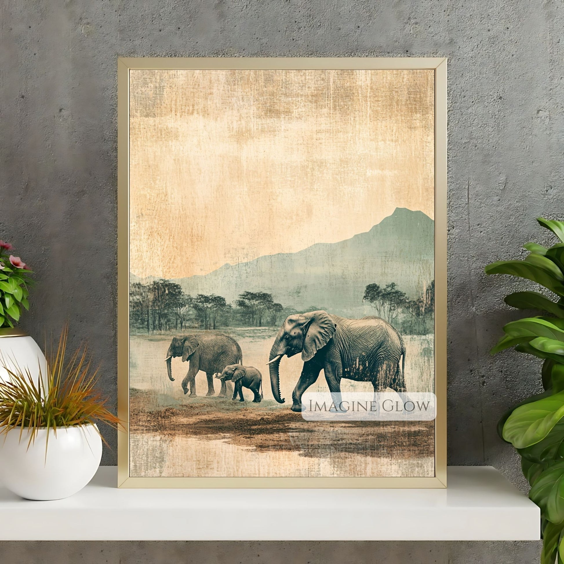 African savanna wildlife art featuring elephants.