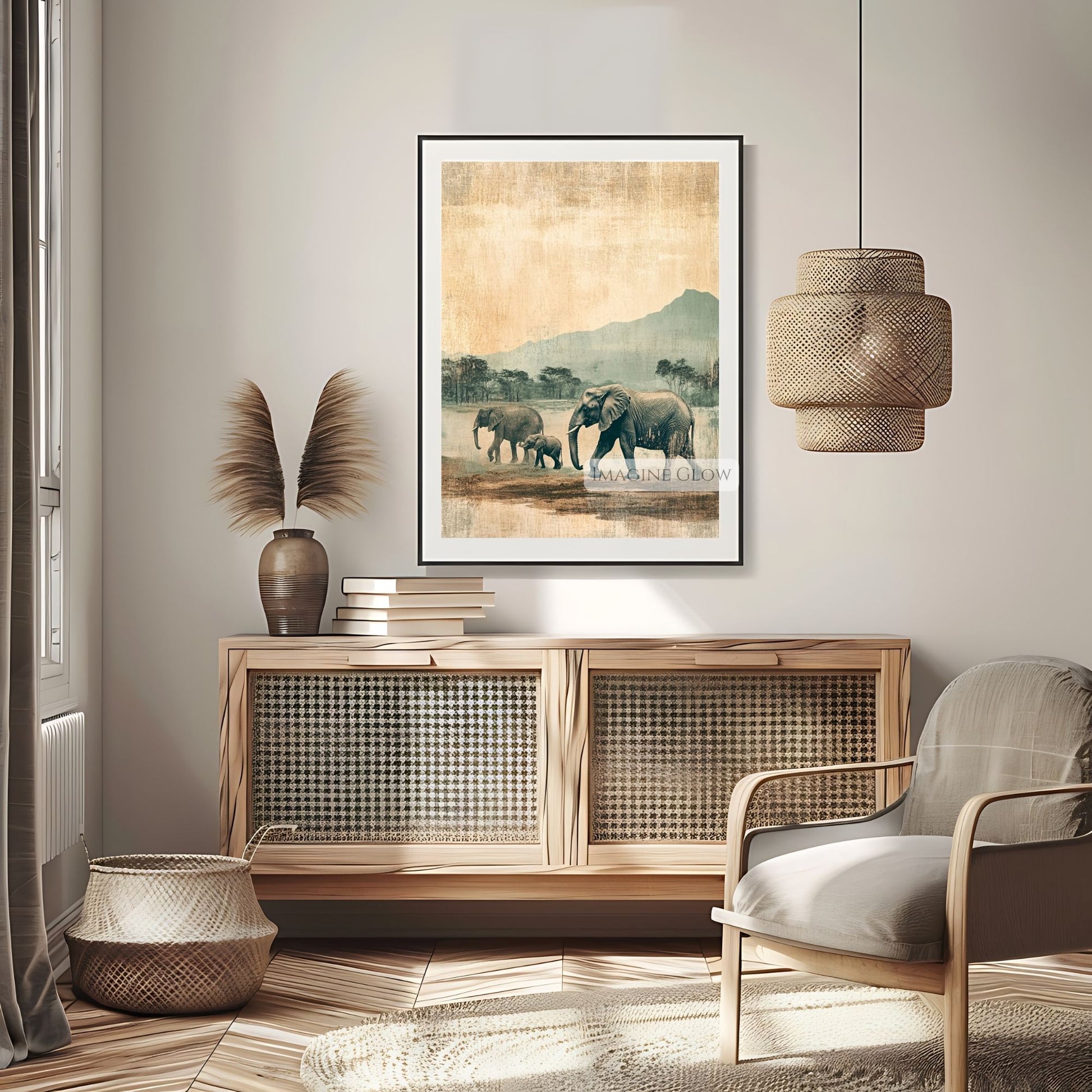 Rustic vintage elephant family art for African decor.