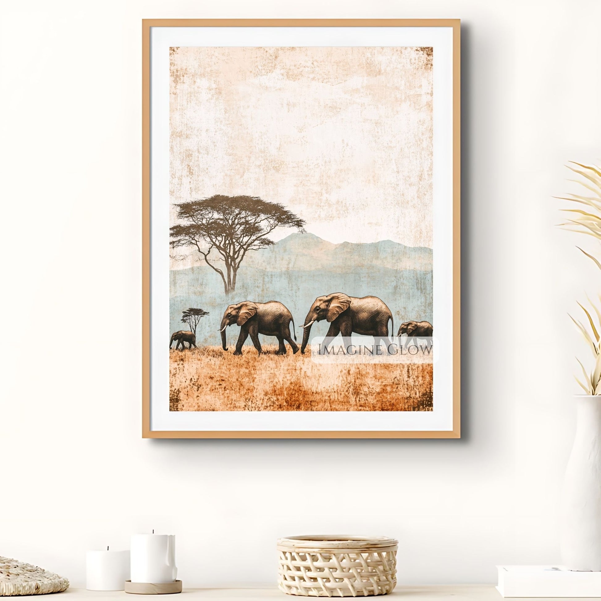Family of elephants savanna print for rustic safari decor.