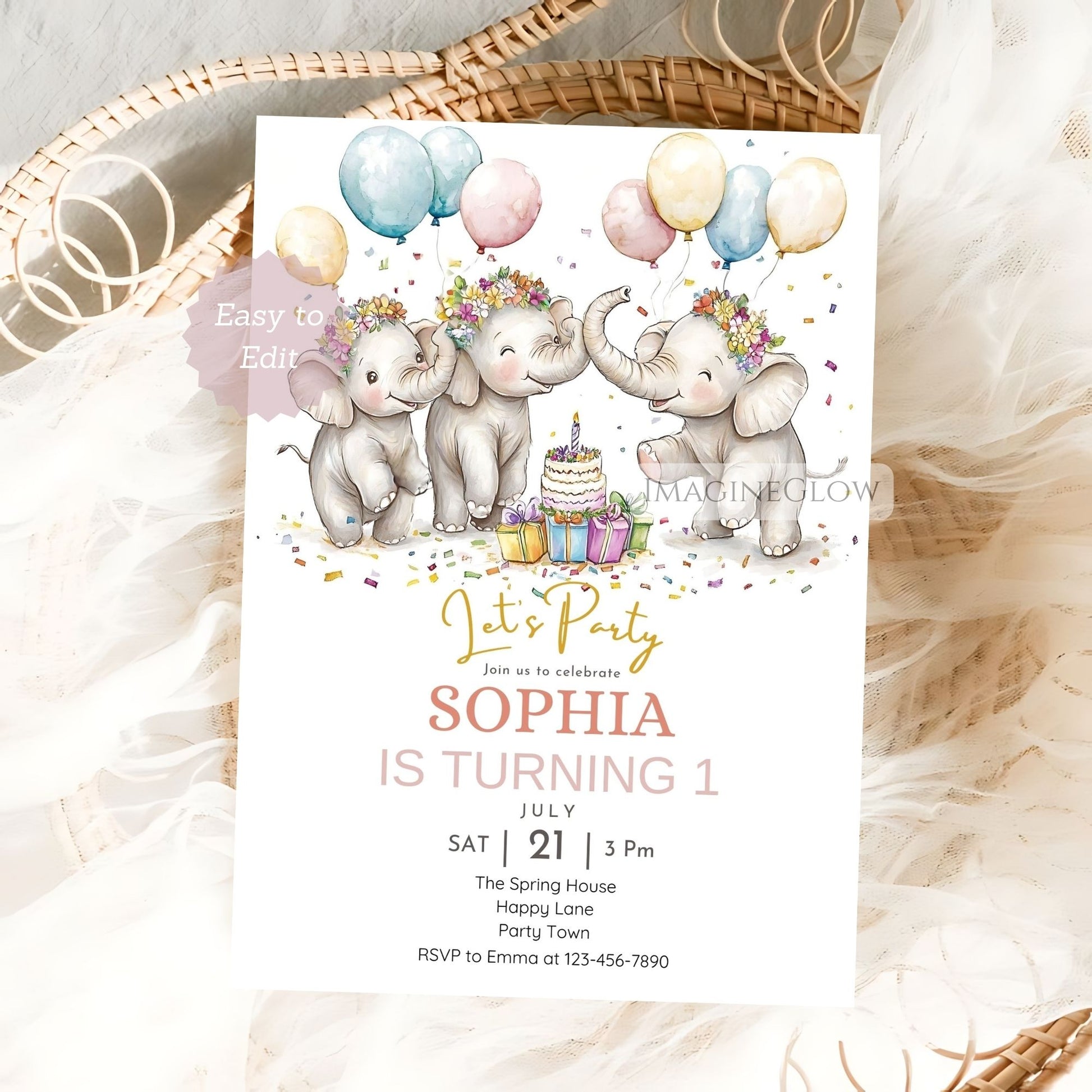 Adorable elephant birthday party invitation