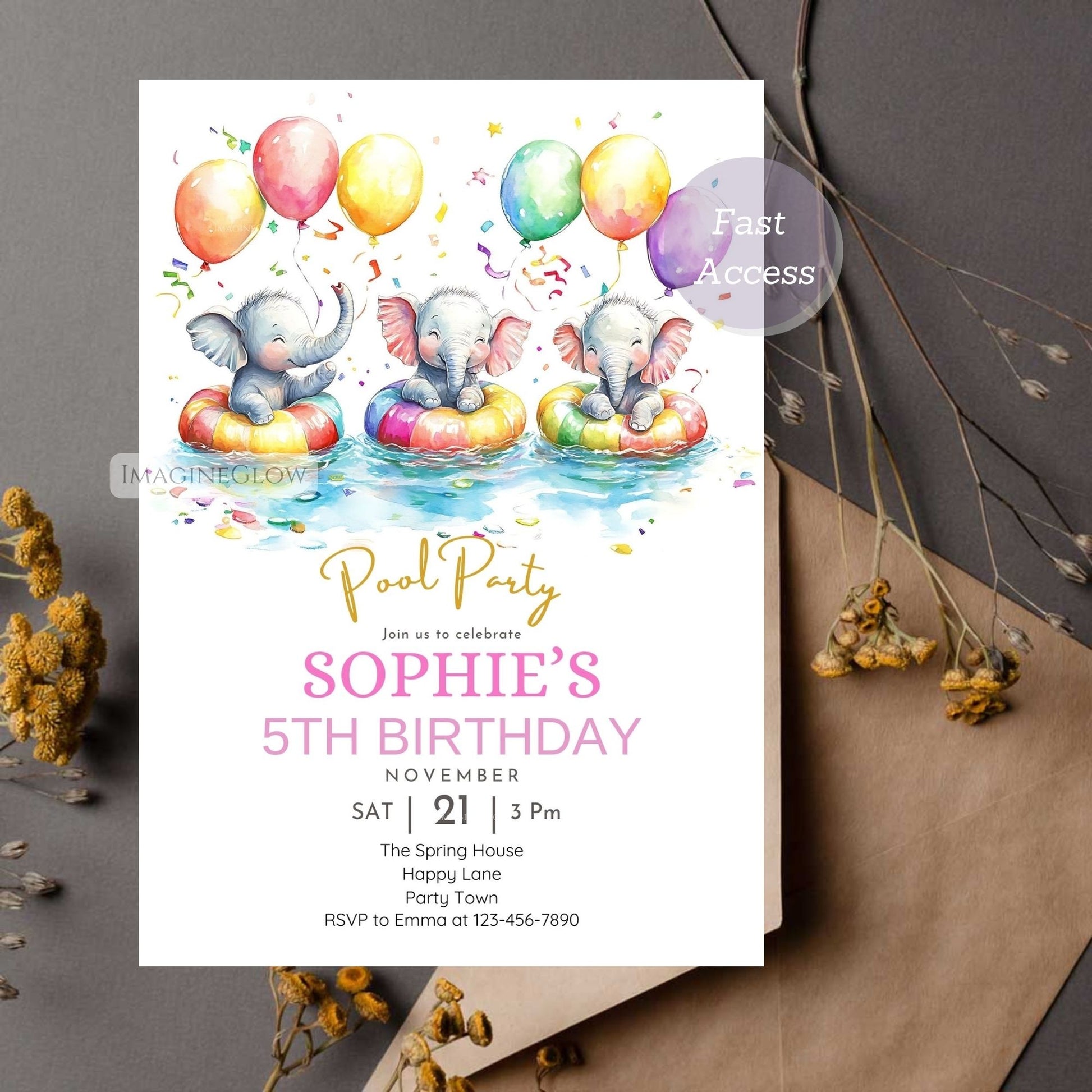Customizable elephant birthday invite for swim celebrations.