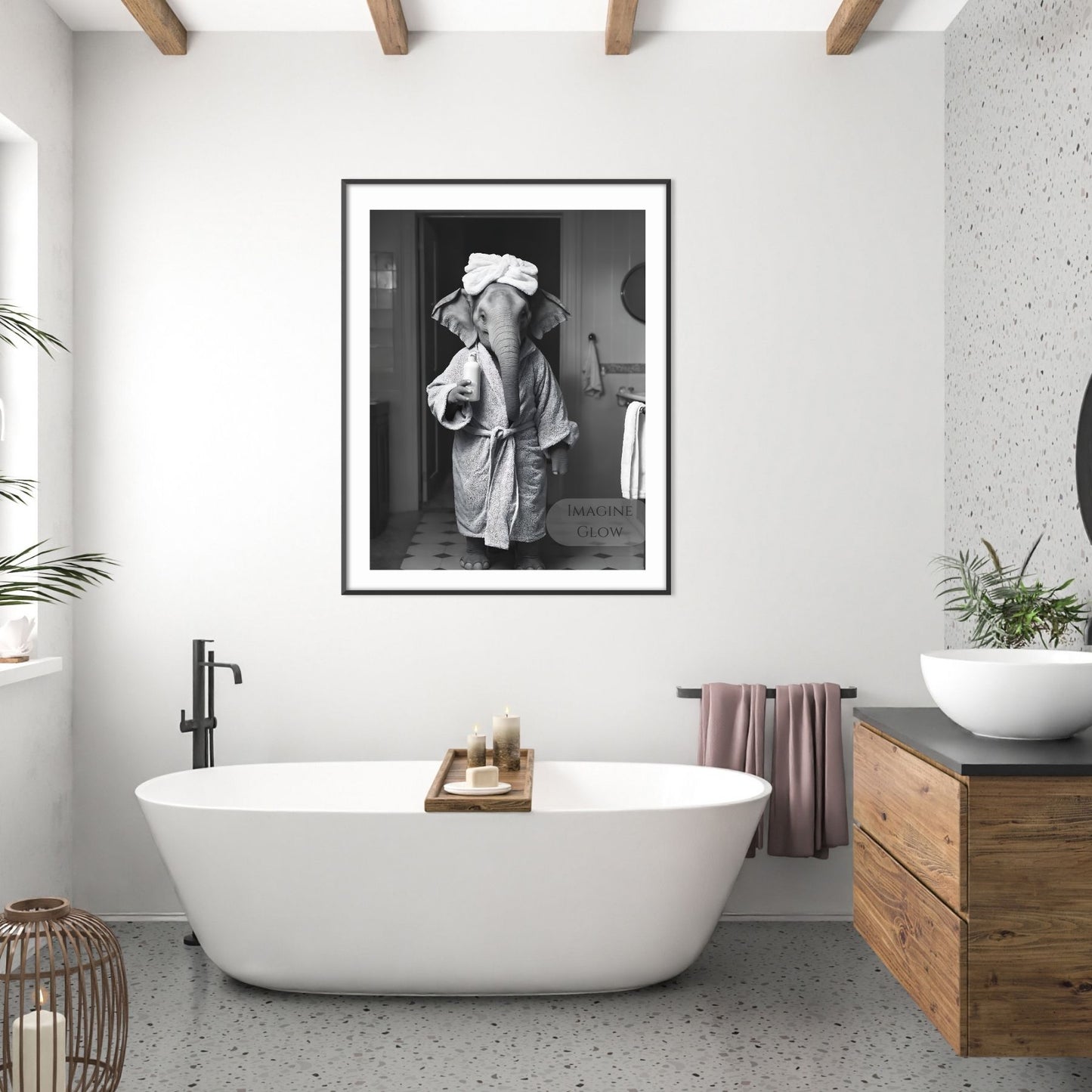 Black and white elephant print for quirky bathroom wall art