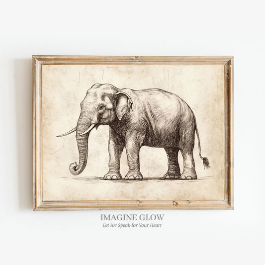 Vintage elephant sketch art print for safari decor.