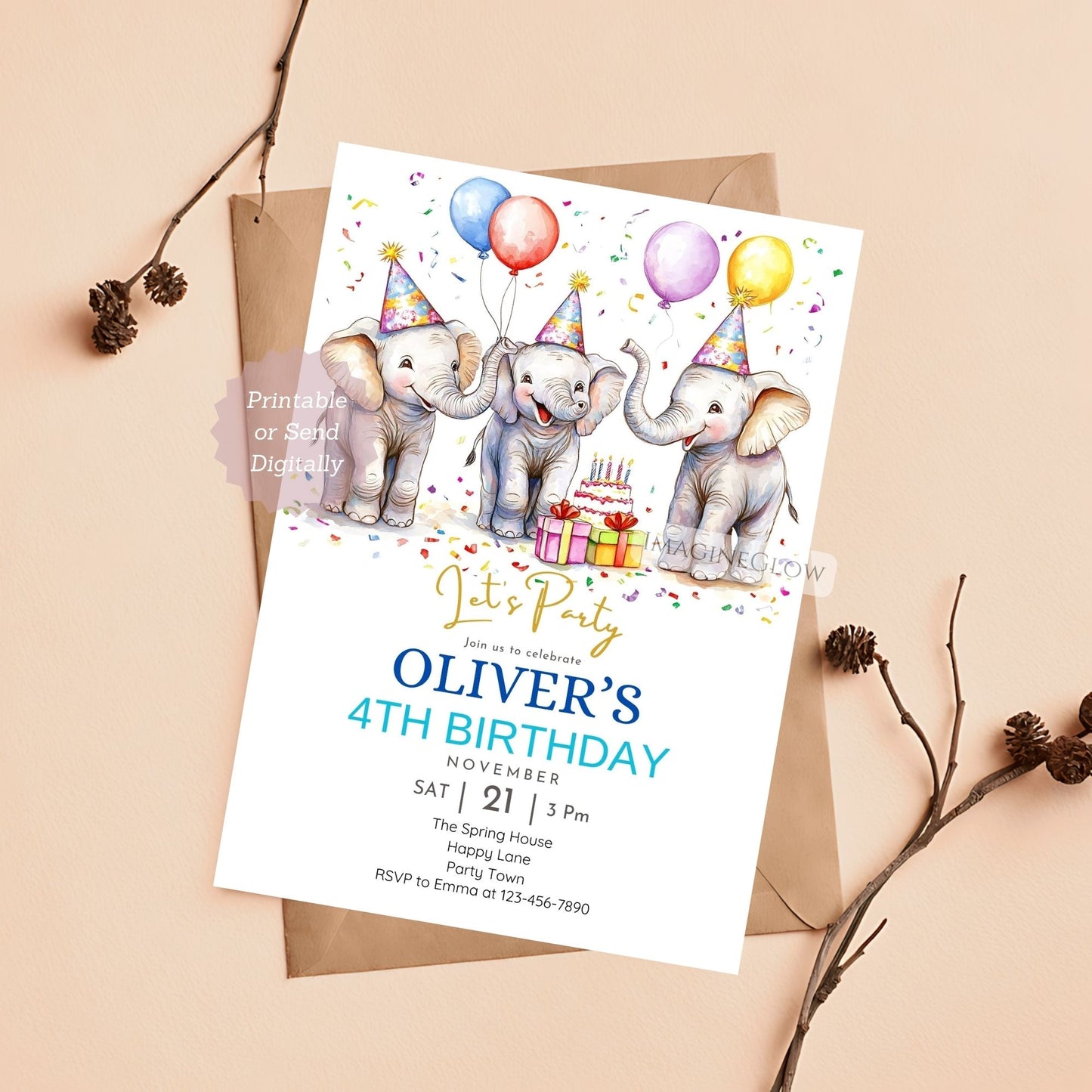 Elephant Wild Adventure Birthday Invitation for Kids
