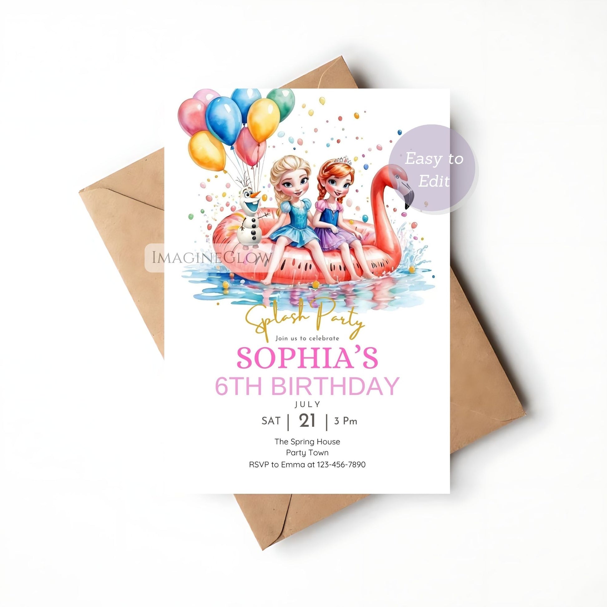 frozen pool party birthday invitation
elsa anna olaf summer invite