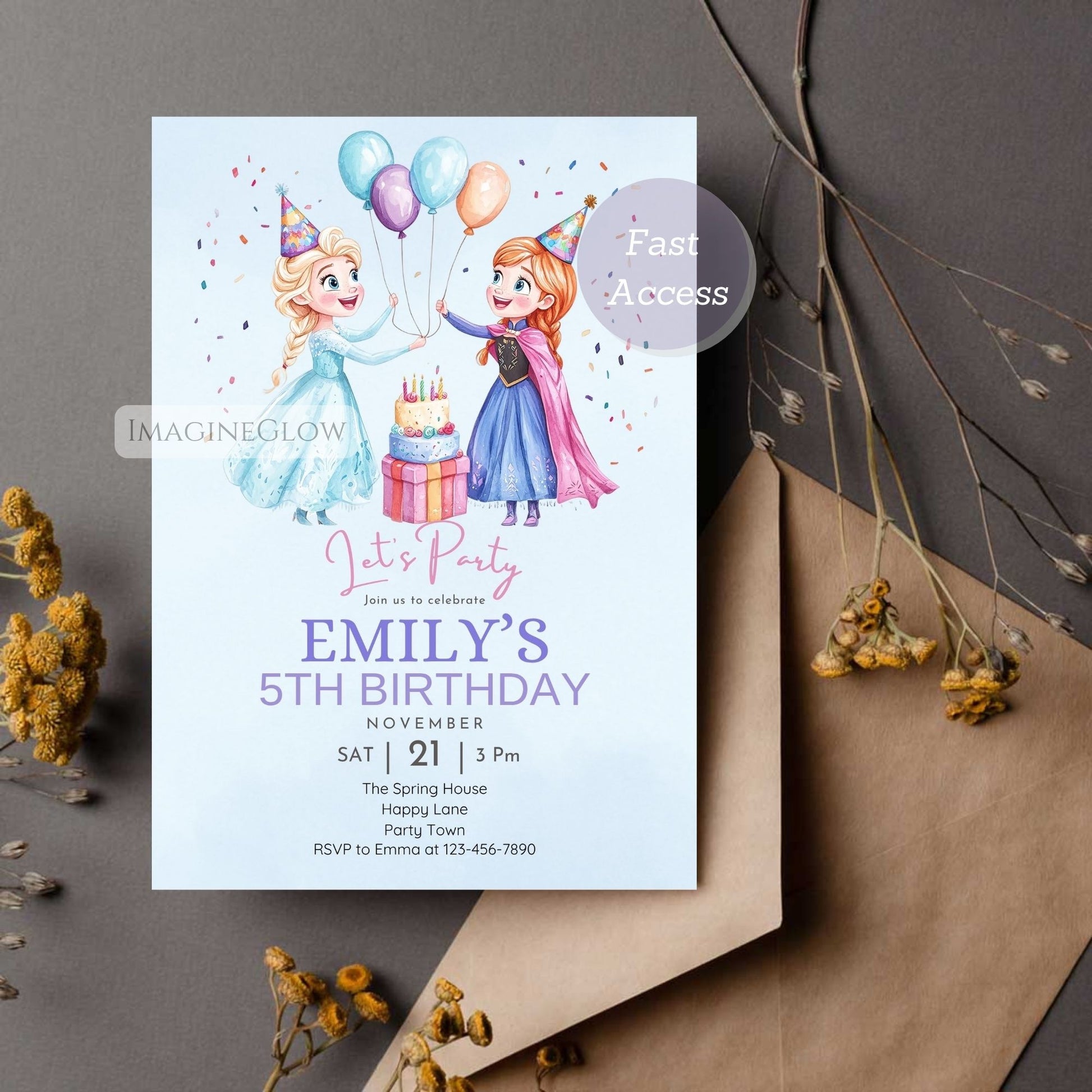 Birthday invitation card with animated characters on a gray background