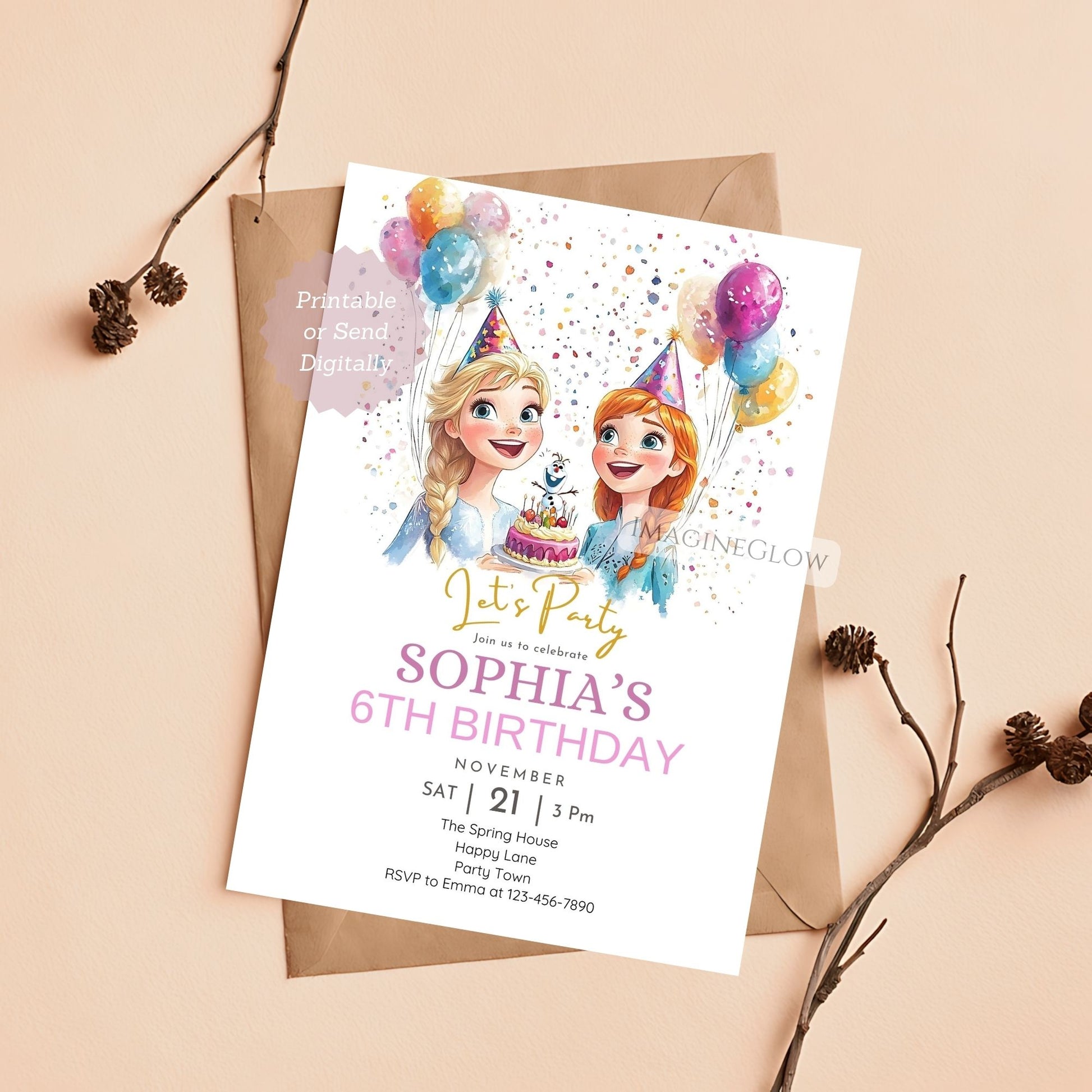 Princess Frozen digital party invitation
Editable winter birthday card for kids