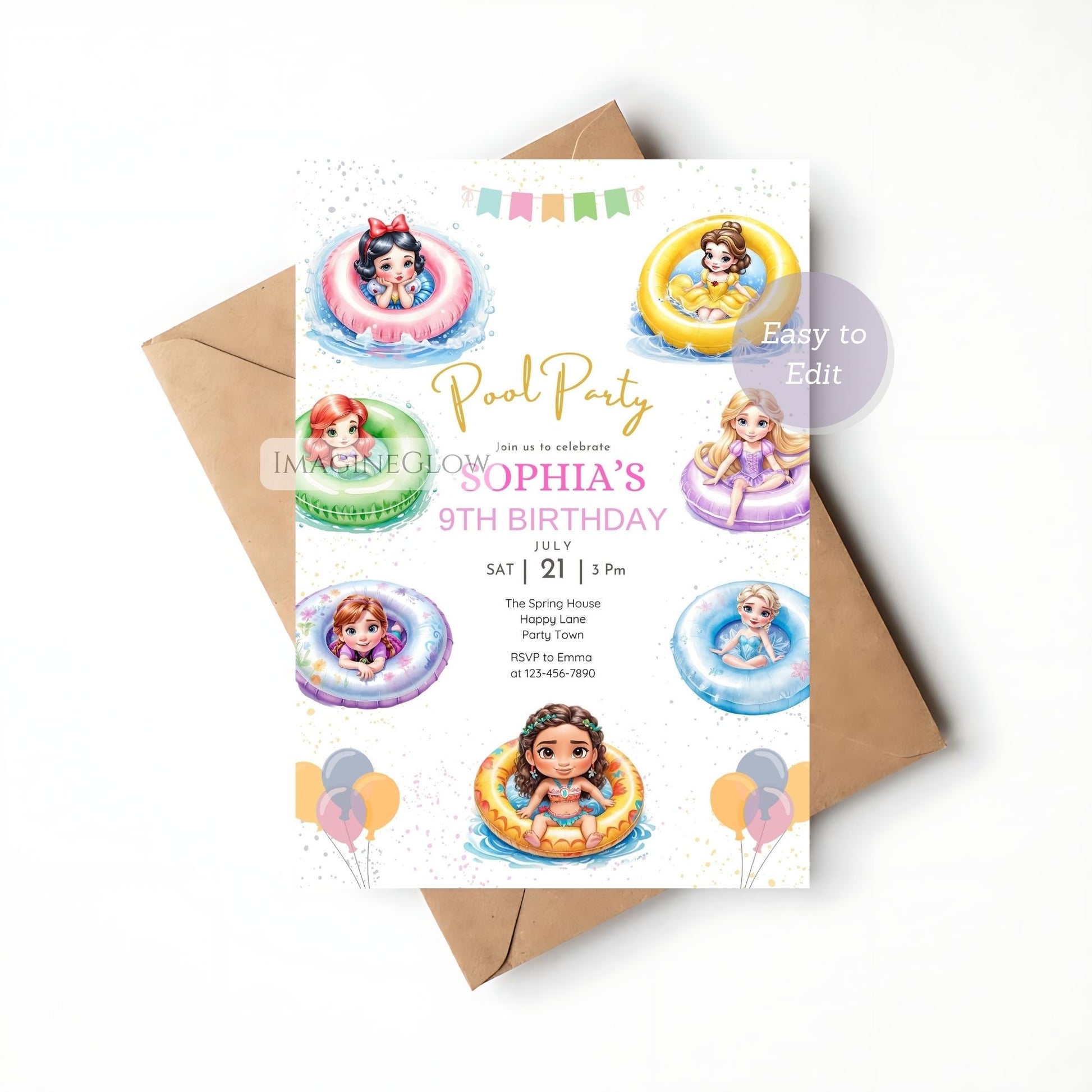 summer princess party printable evite
editable frozen pool party invite