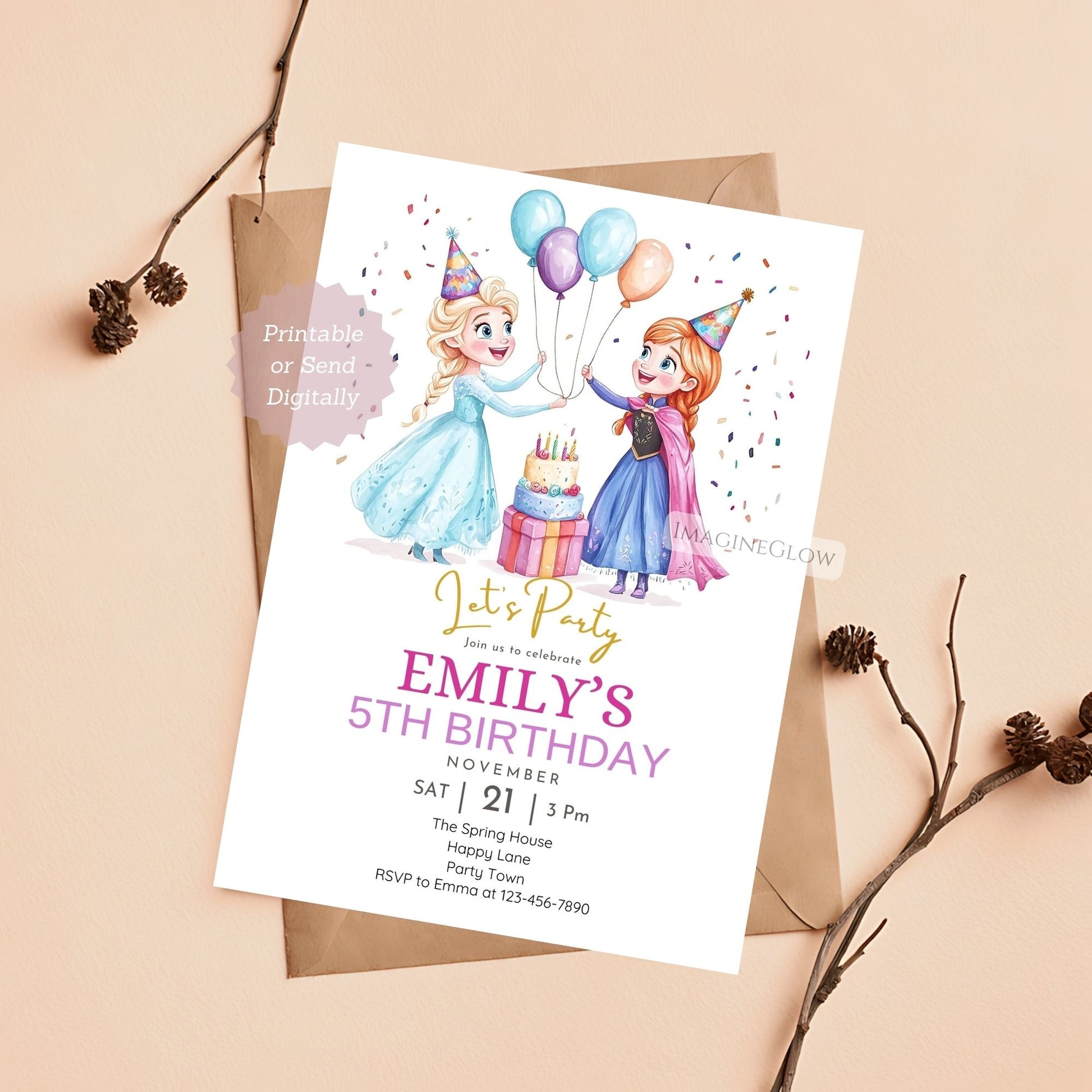 Cake & balloons Frozen birthday card
Winter wonderland princess party invite