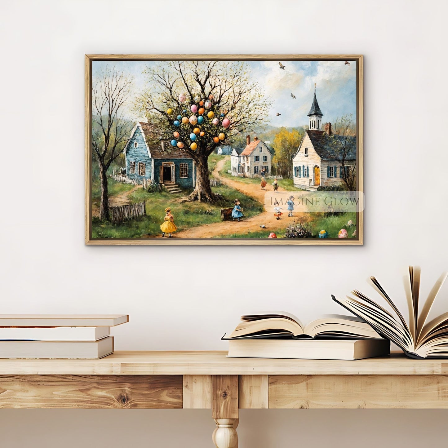 Easter Village with Blooming Trees and Egg Tree