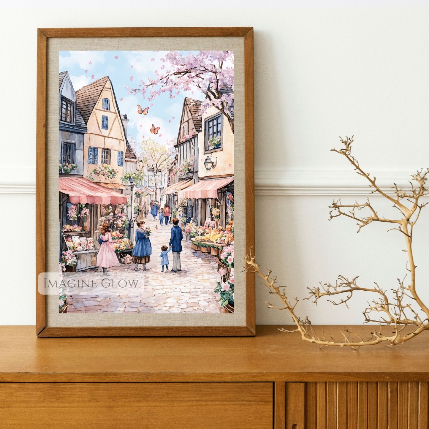Peaceful spring cityscape featuring a cobblestone street and colorful flower market.