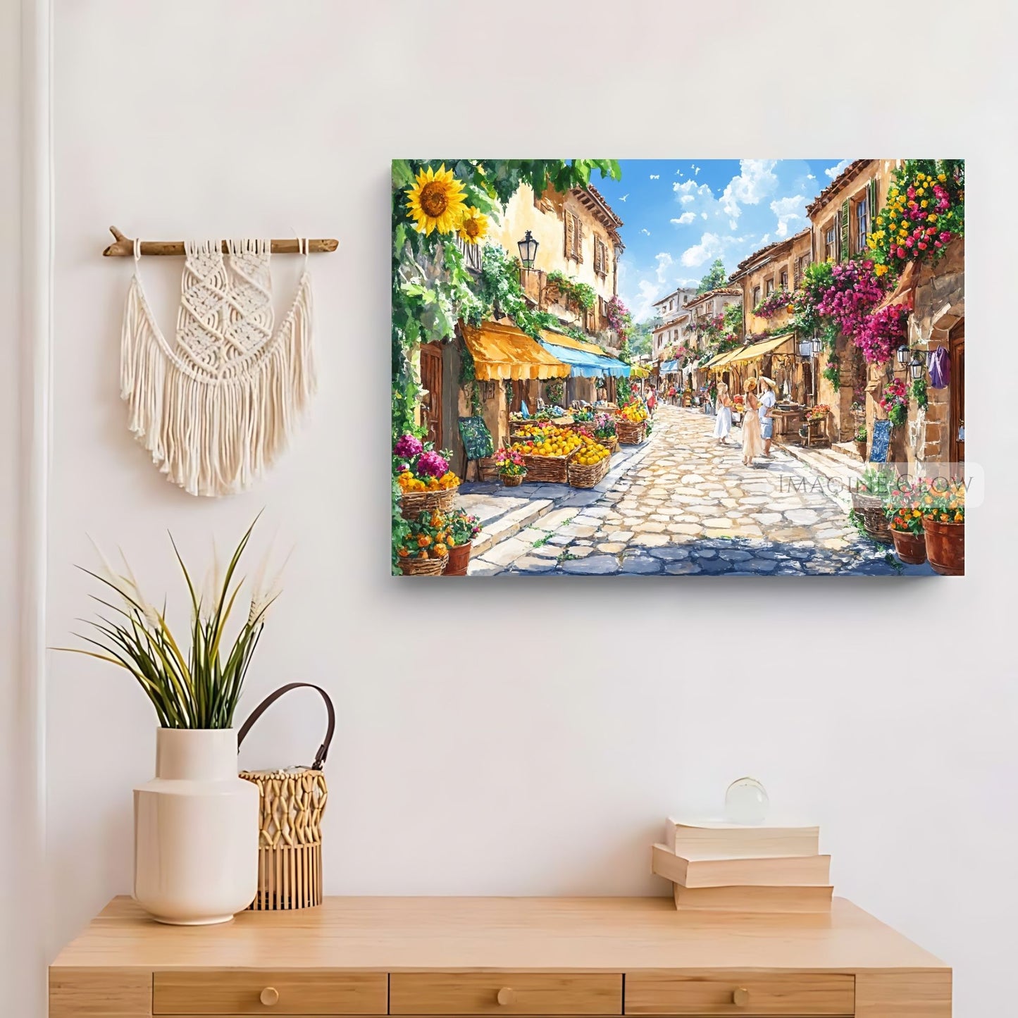 Whimsical European-style town with blooming flowers and cobblestone paths.
