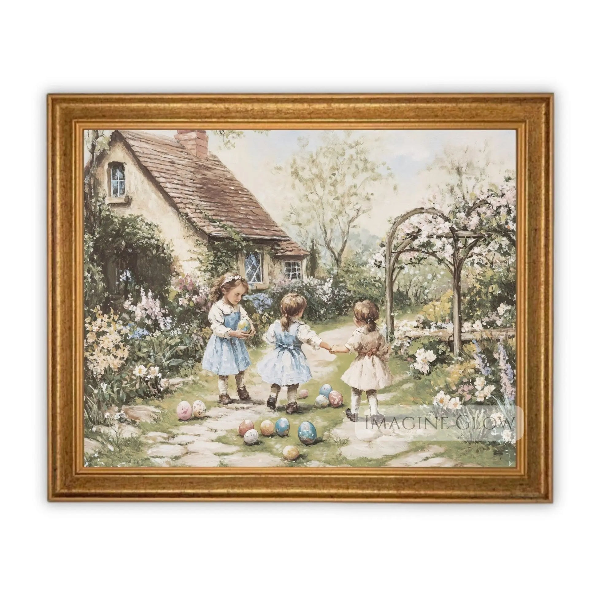 Children in 20th-century attire searching for Easter eggs in a garden.