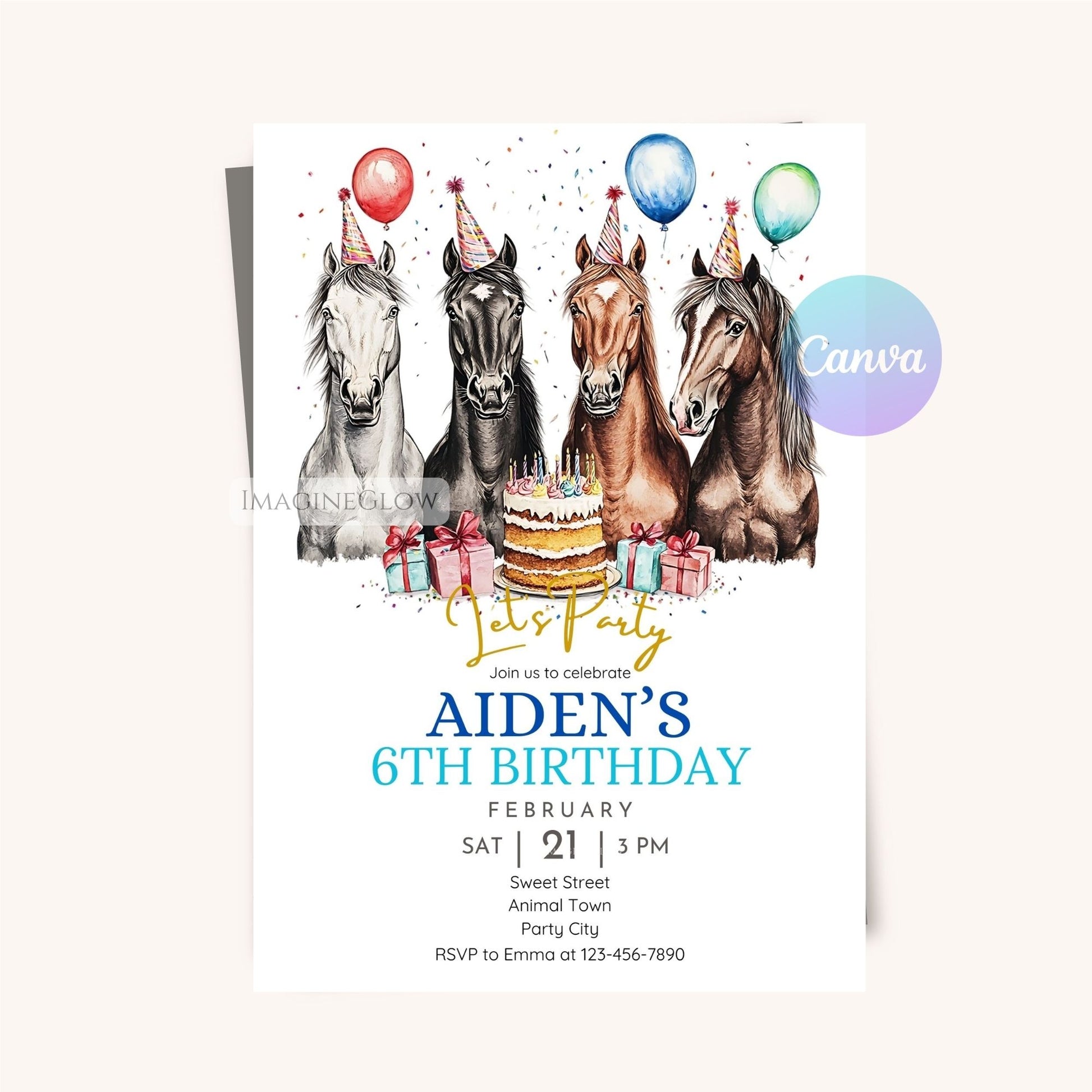 Editable horse birthday invitation with balloons