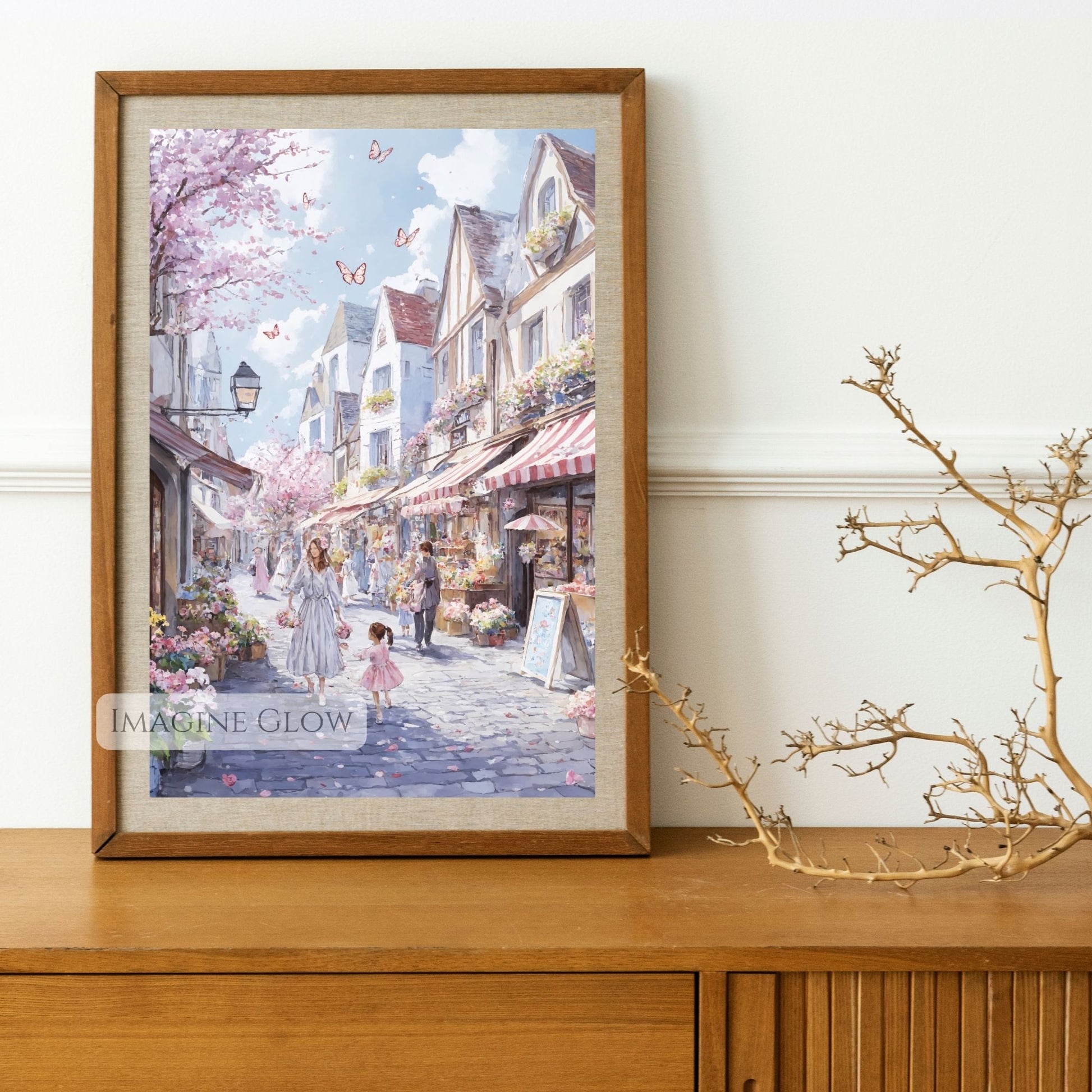 Hand-drawn floral artwork of tulips and cherry blossoms in a charming town.