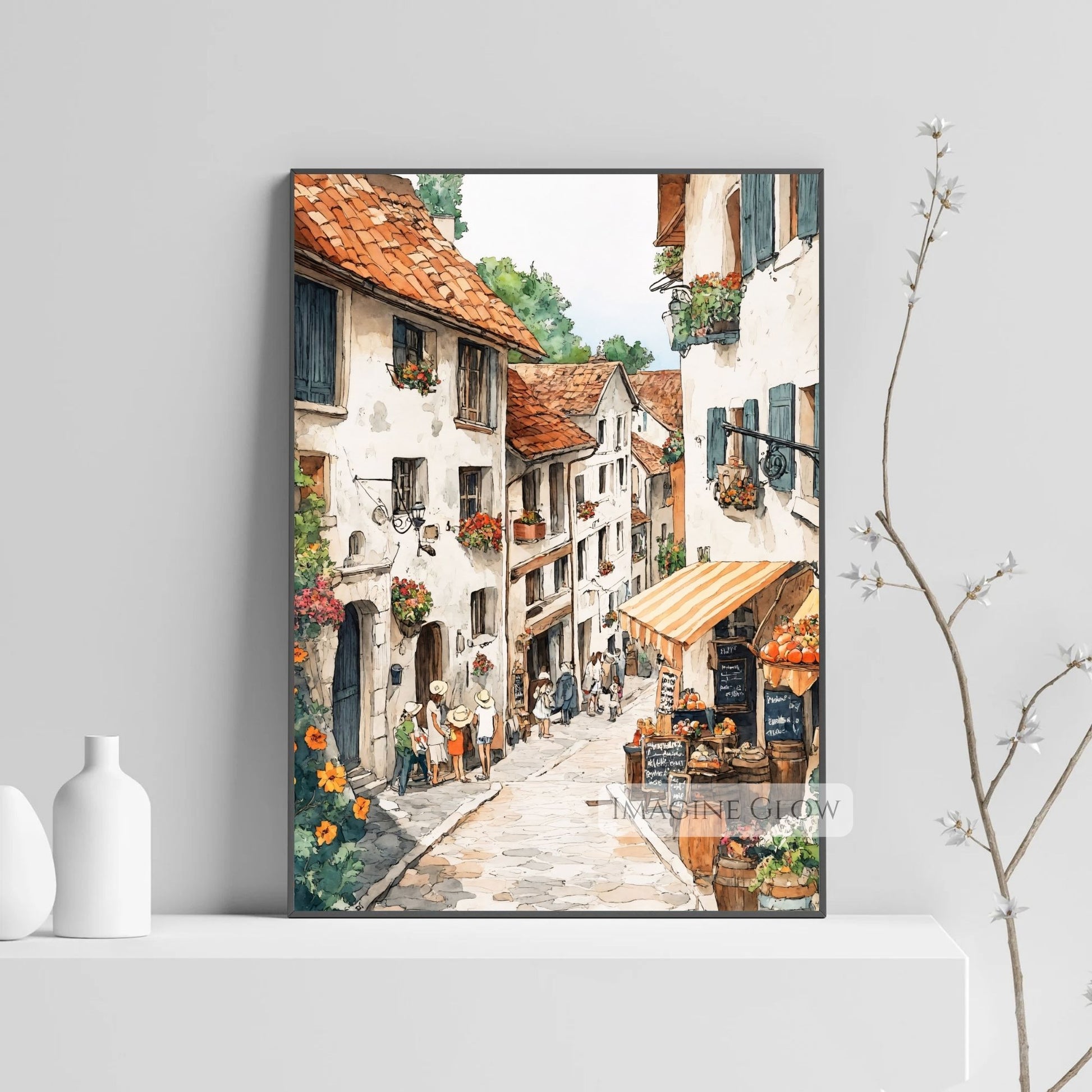 Soft pastel spring decor featuring a flower market on cobblestone streets.