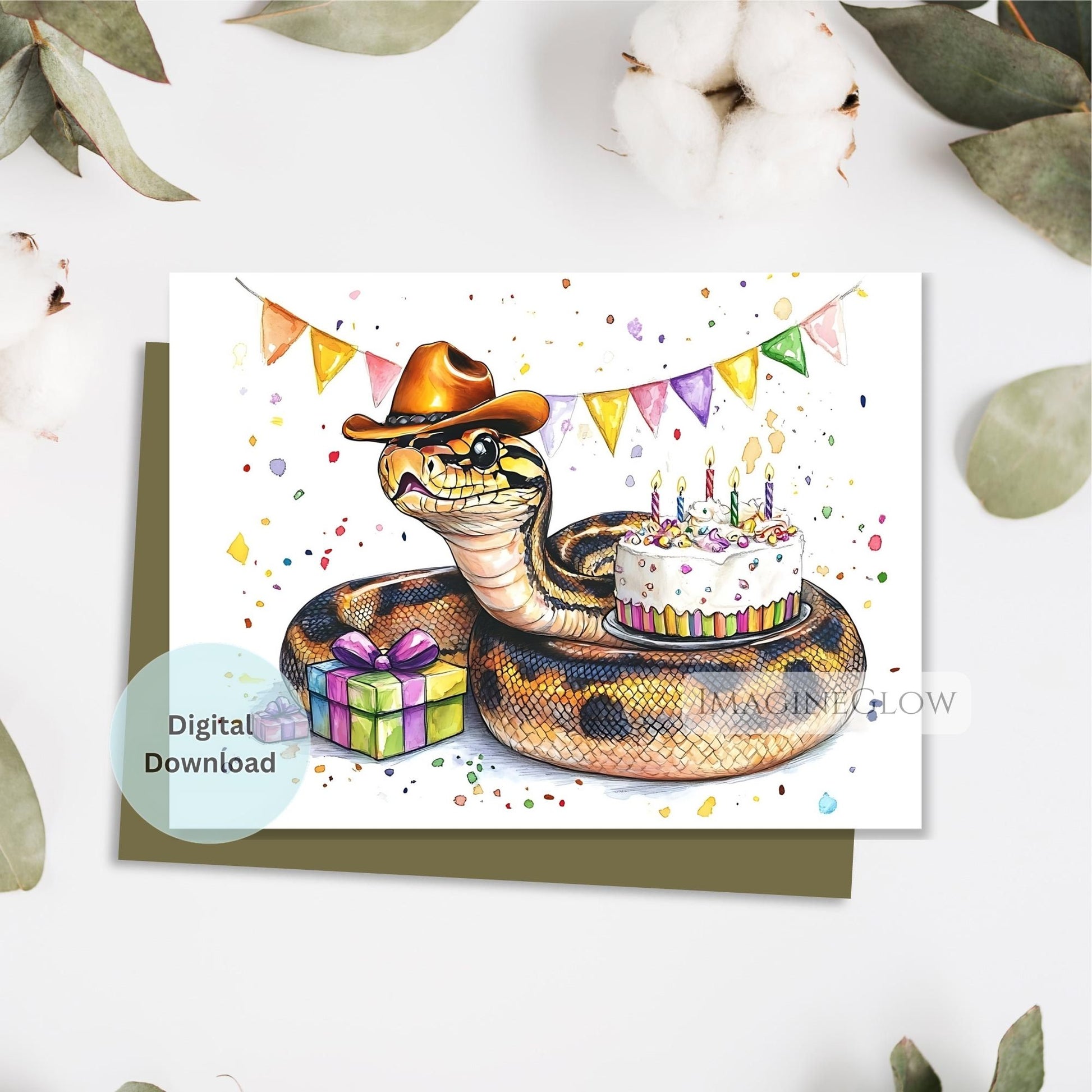 Birthday card with a snake wearing a hat, birthday cake, and presents on a white background.