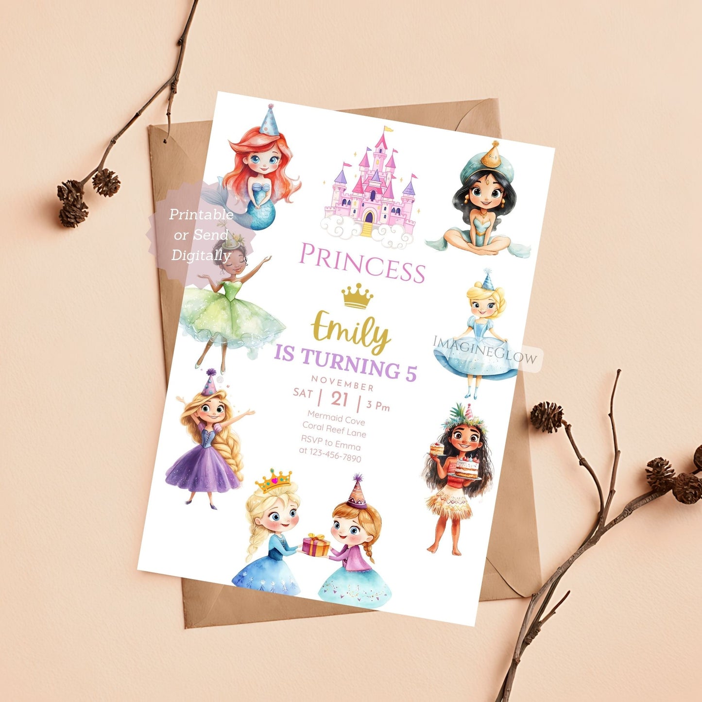 Castle and tiara birthday invitation