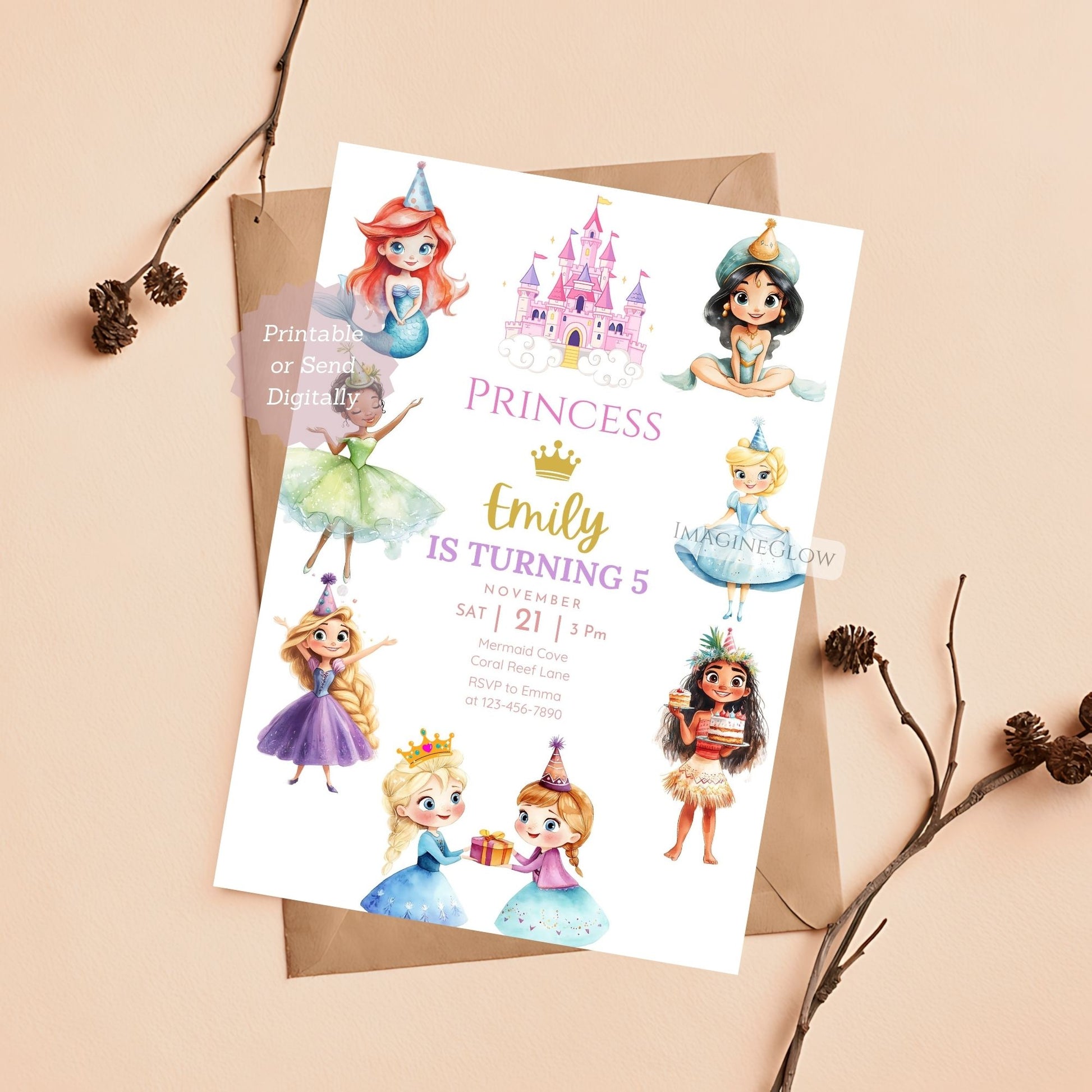 Castle and tiara birthday invitation