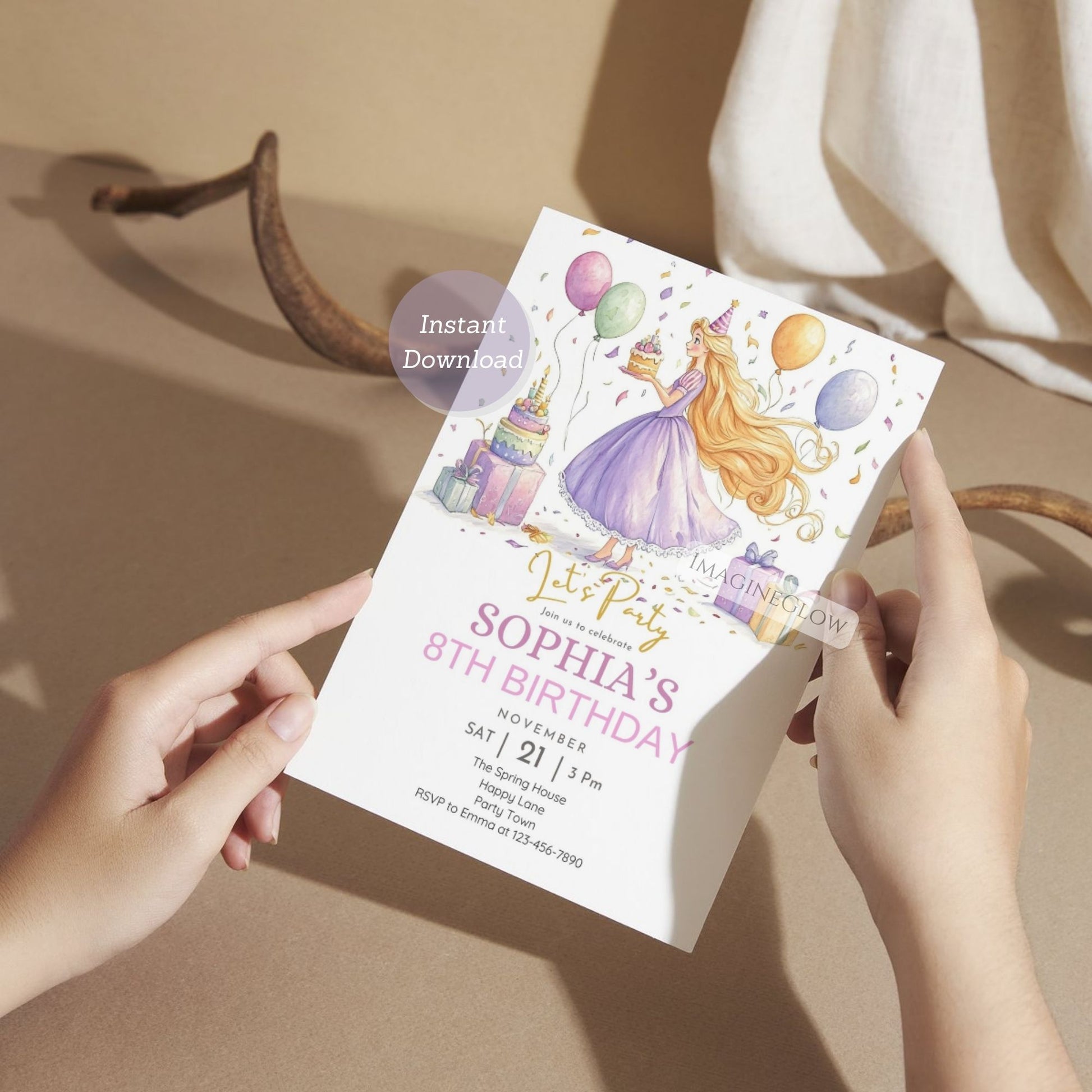 Floral Rapunzel birthday invite with princess and tower