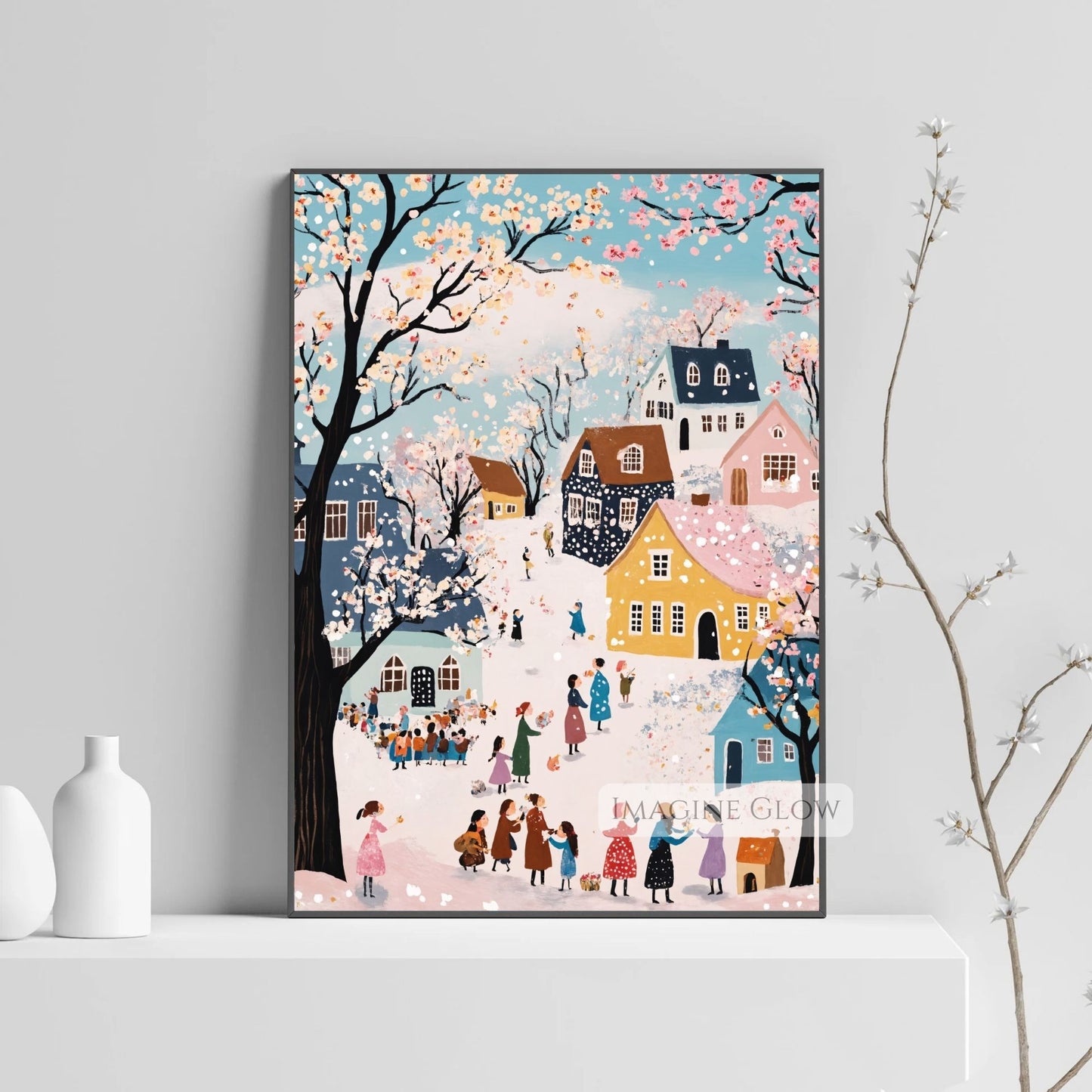 Delicate spring townscape with soft colors, snowy rooftops, and cherry trees.
