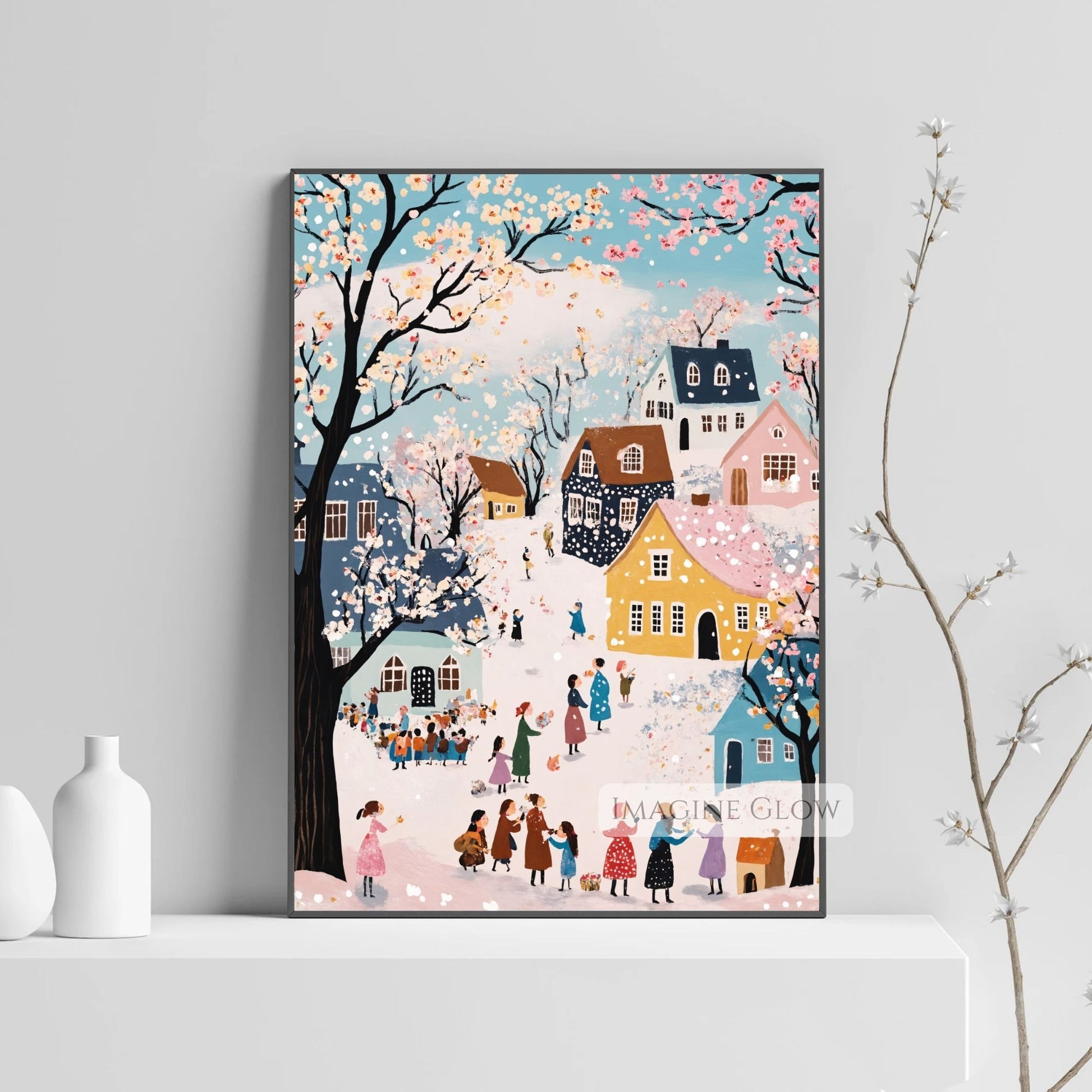 Delicate spring townscape with soft colors, snowy rooftops, and cherry trees.