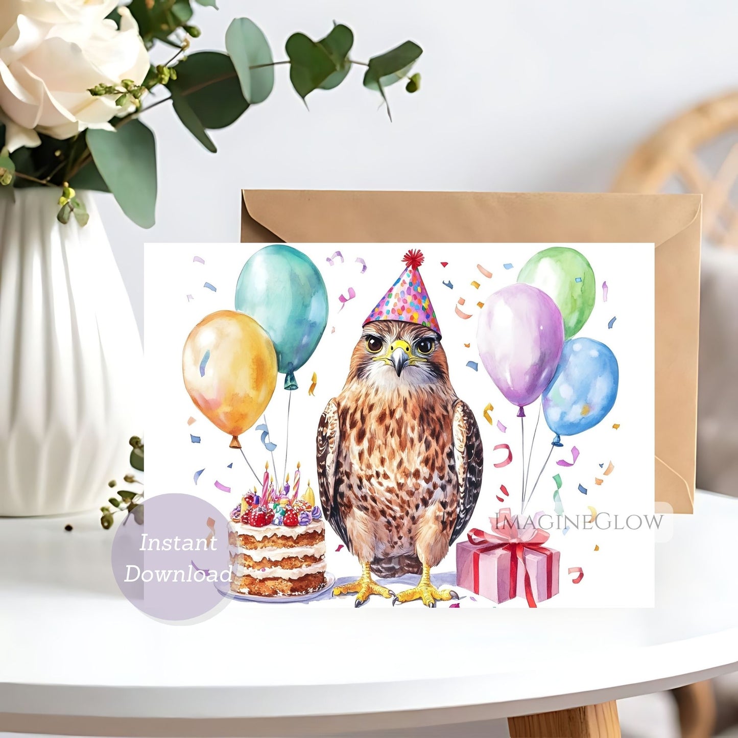 Birthday card with a hawk wearing a party hat, balloons, and a cake on a white surface.