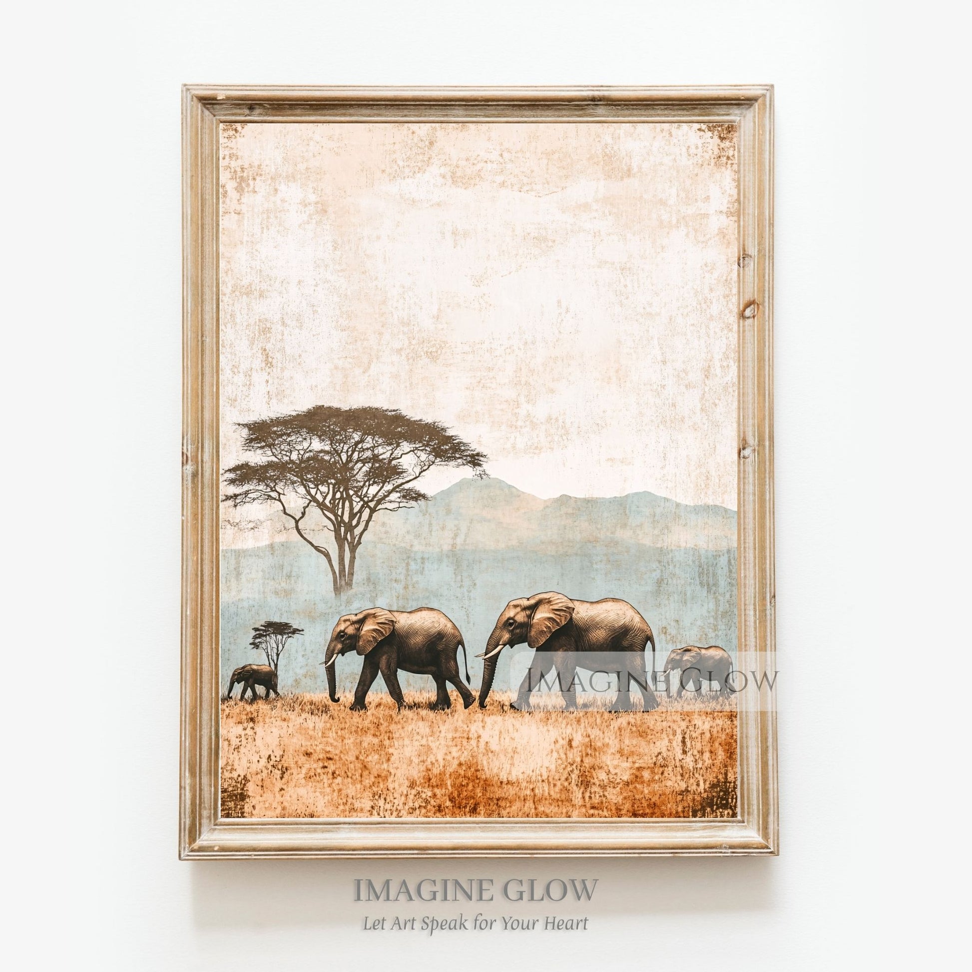 Antique family of elephants in the savanna safari print.
