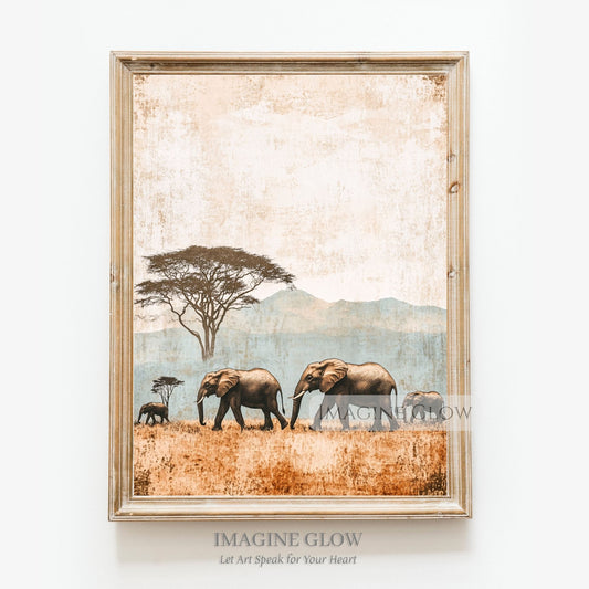 Antique family of elephants in the savanna safari print.