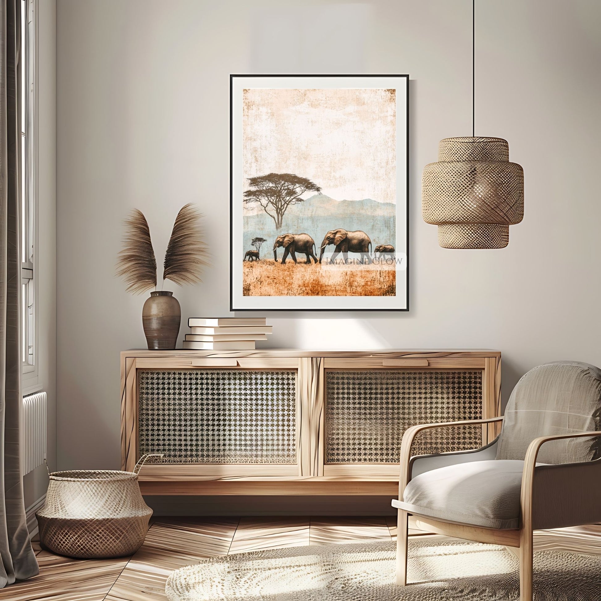 Family of elephants in the savanna vintage print.