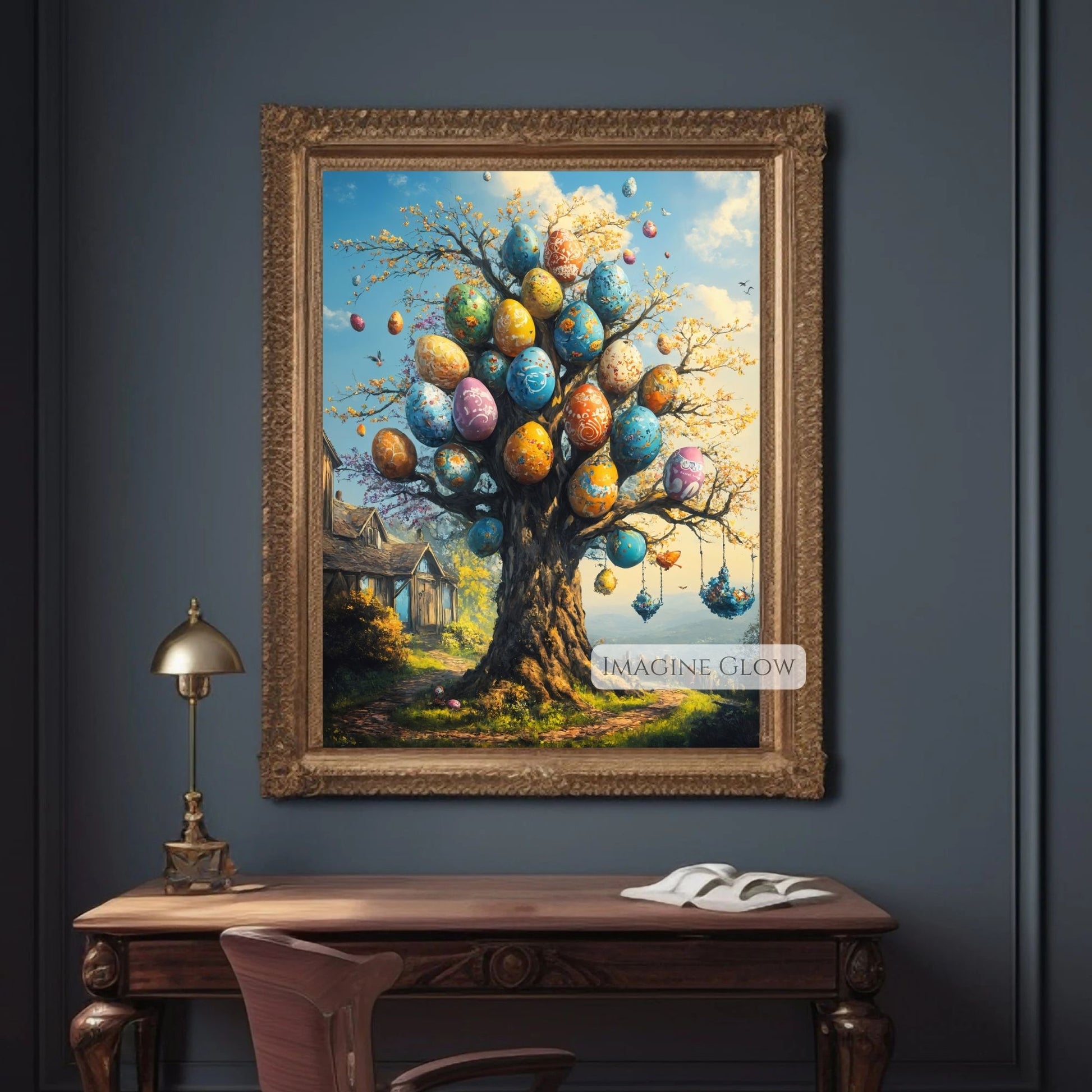 Enchanted Easter tree painting with mysterious aura