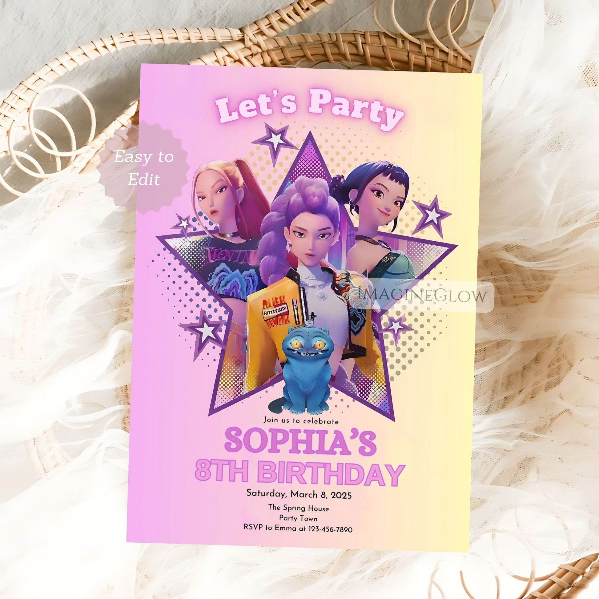 Birthday party invitation with cartoon characters on a light background