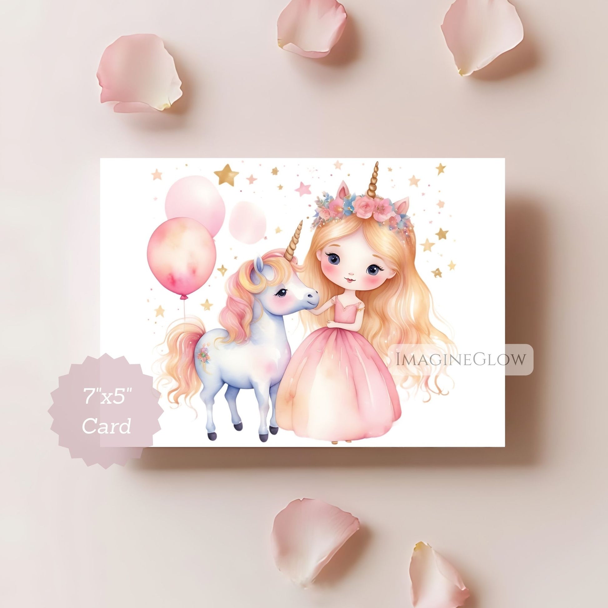 Card with a princess and unicorn illustration surrounded by stars on a light background.