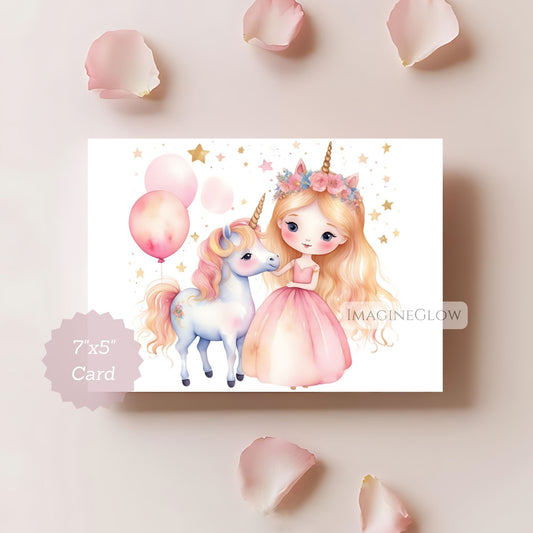 Card with a princess and unicorn illustration surrounded by stars on a light background.