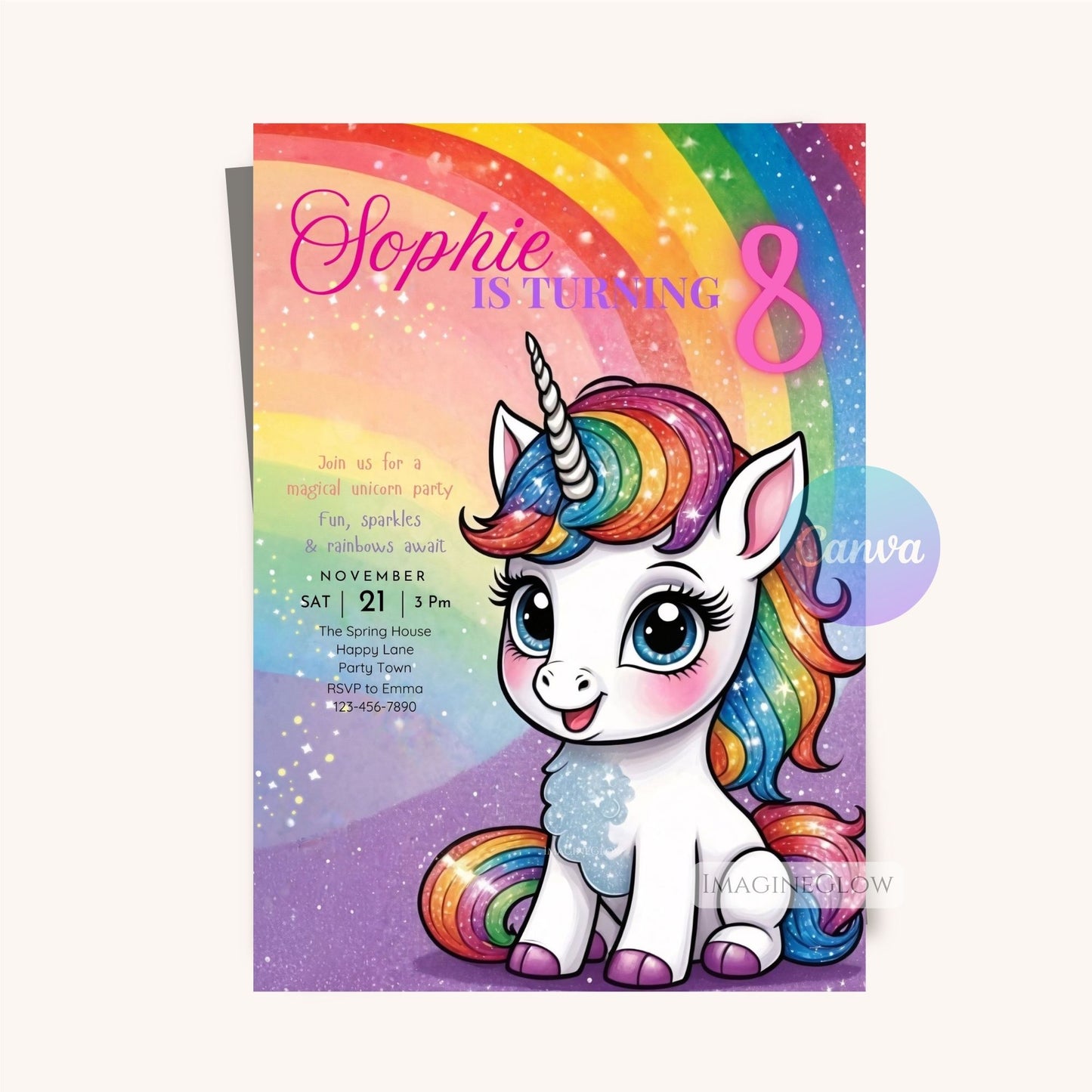 Cute unicorn invitation with stars and dreamy clouds.