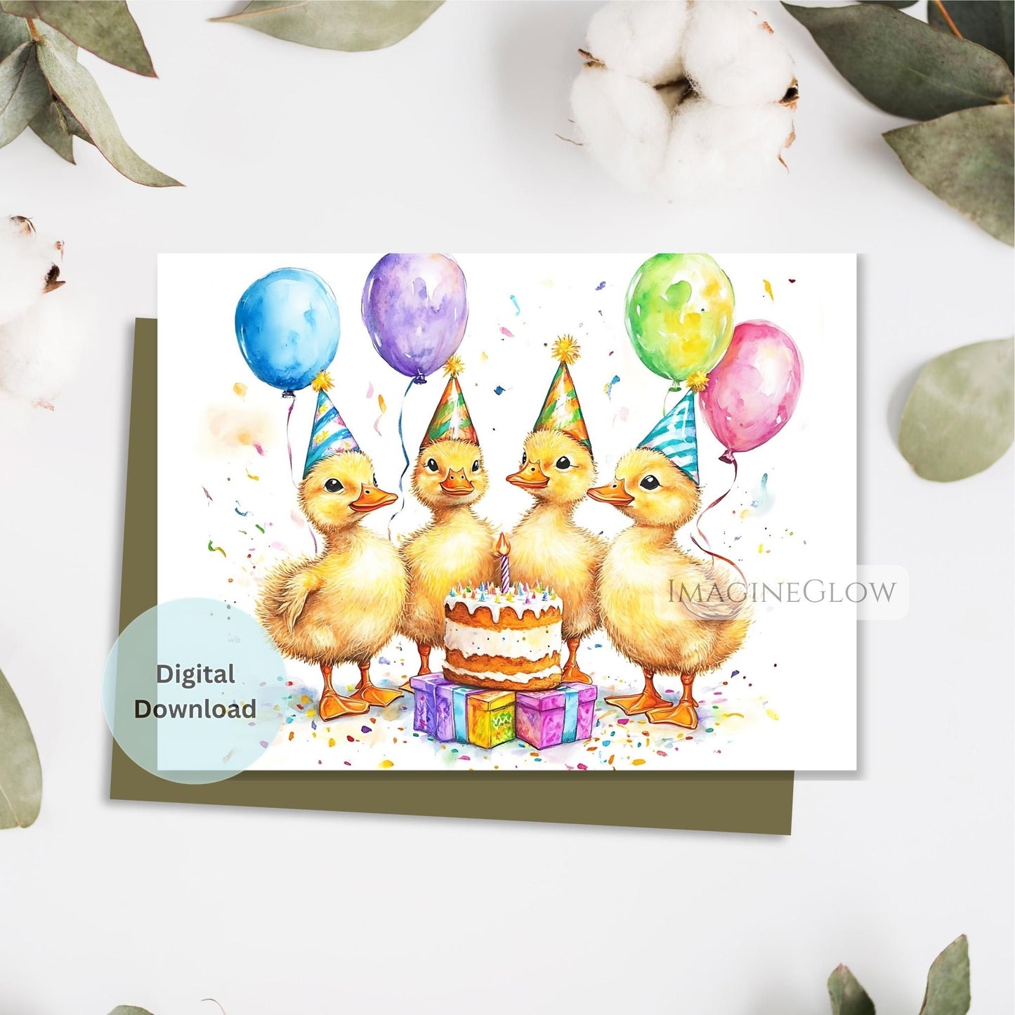 Birthday card with four ducks, balloons, and a cake on a white background.
