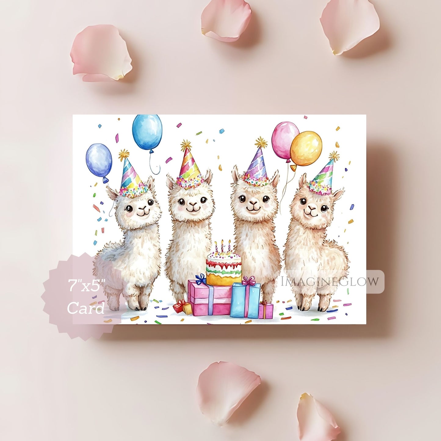 Birthday card with four llamas wearing party hats and balloons on a light pink background.
