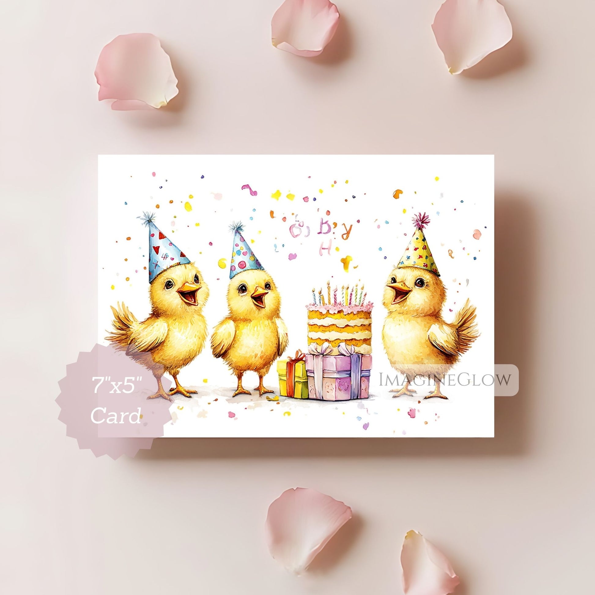 Birthday card with three chicks wearing party hats, a cake, and presents on a pink background.