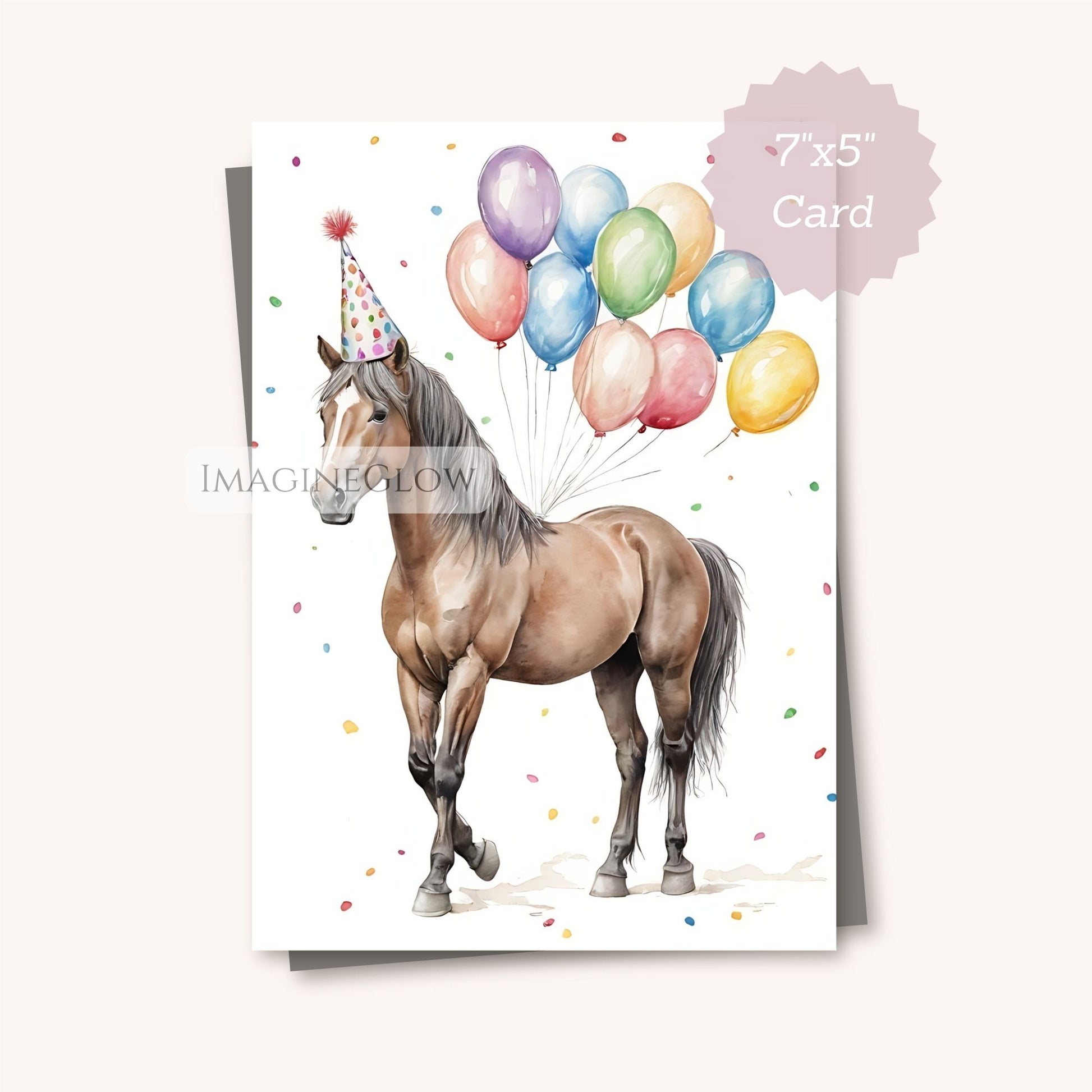 Birthday card with a horse holding balloons and a party hat on a white background.
