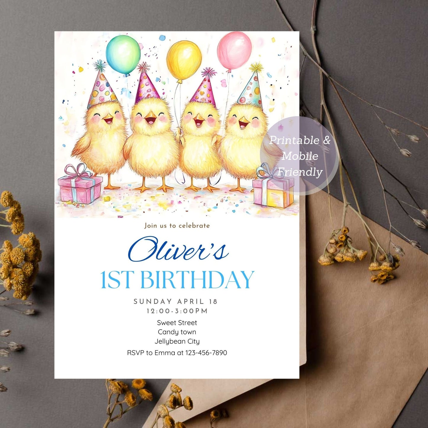 Editable chick birthday invitation for a barnyard-themed first birthday.