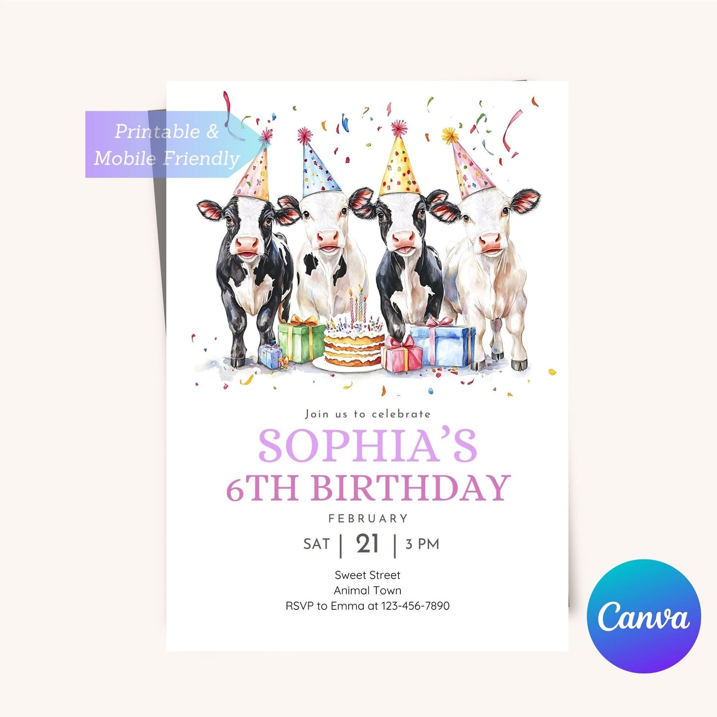 Customizable farm animal birthday invite featuring a cow.
Farm theme party invite with a cute cow design for kids.