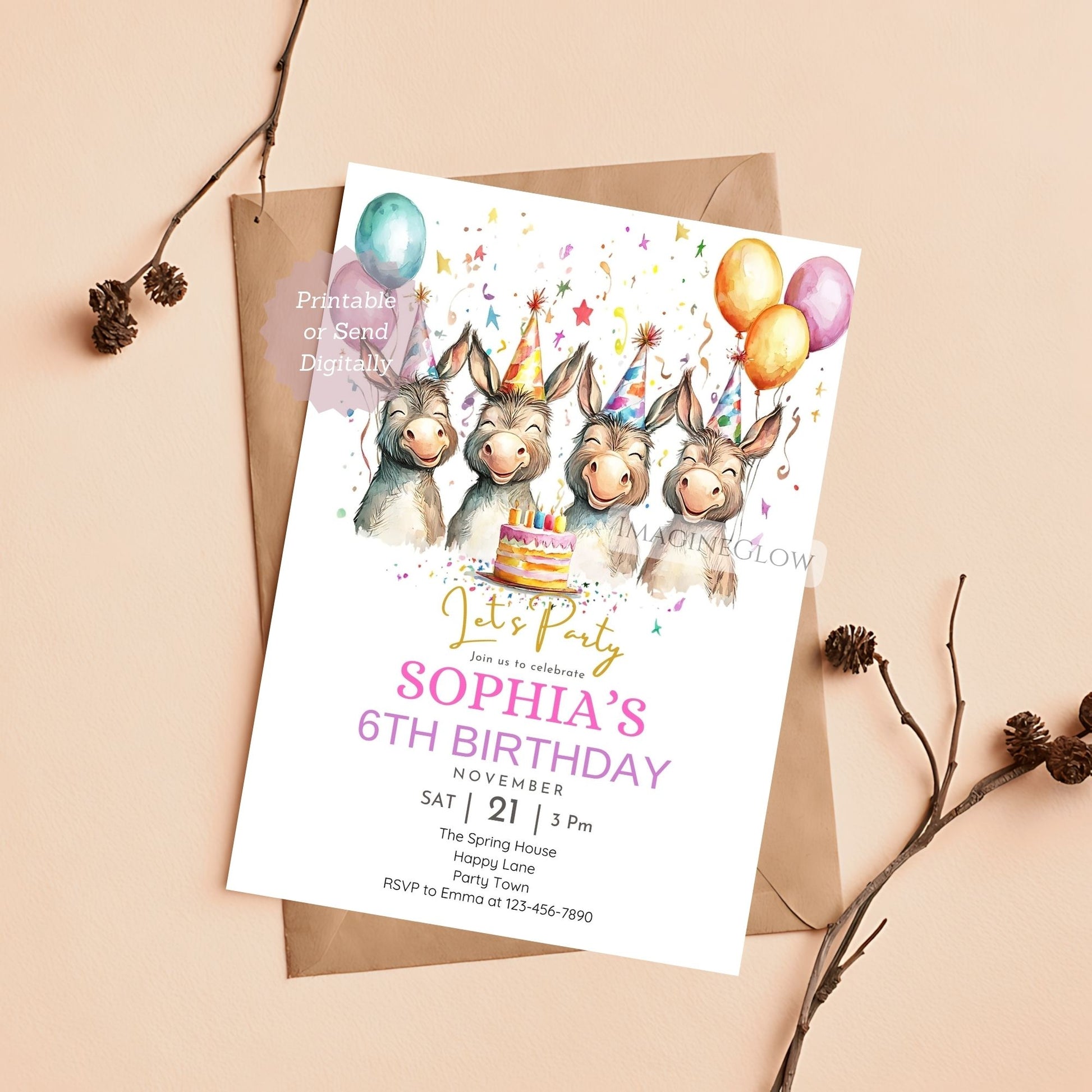 Cute donkey and flowers party card