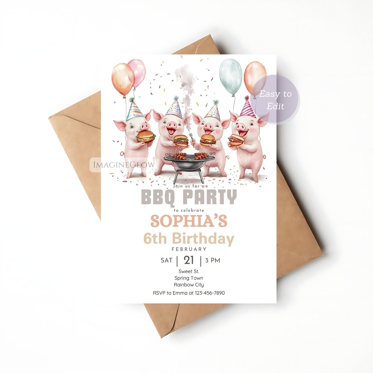 Customizable piglet birthday card for outdoor celebrations.