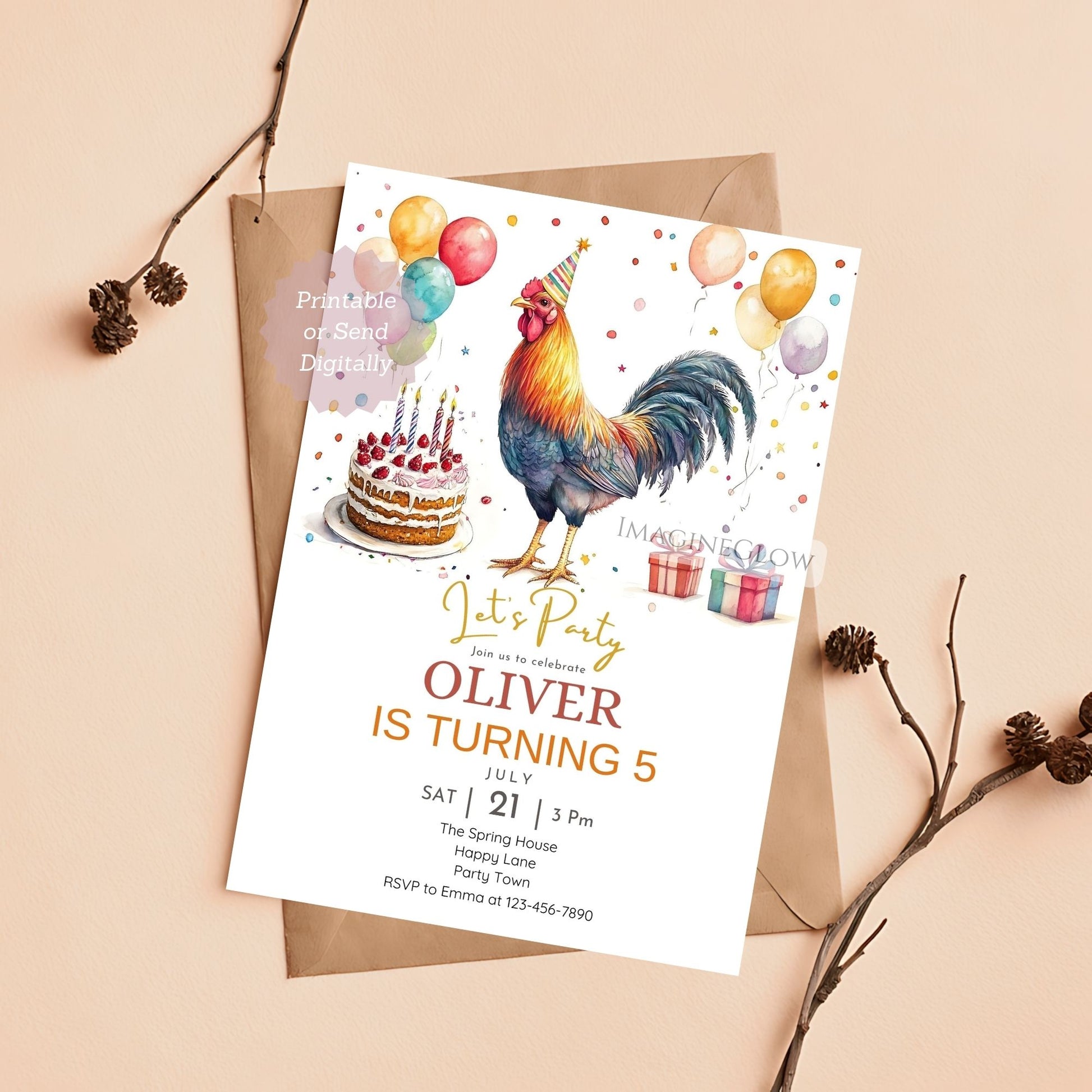 Editable rooster invitation template
Rustic kids party card with rooster