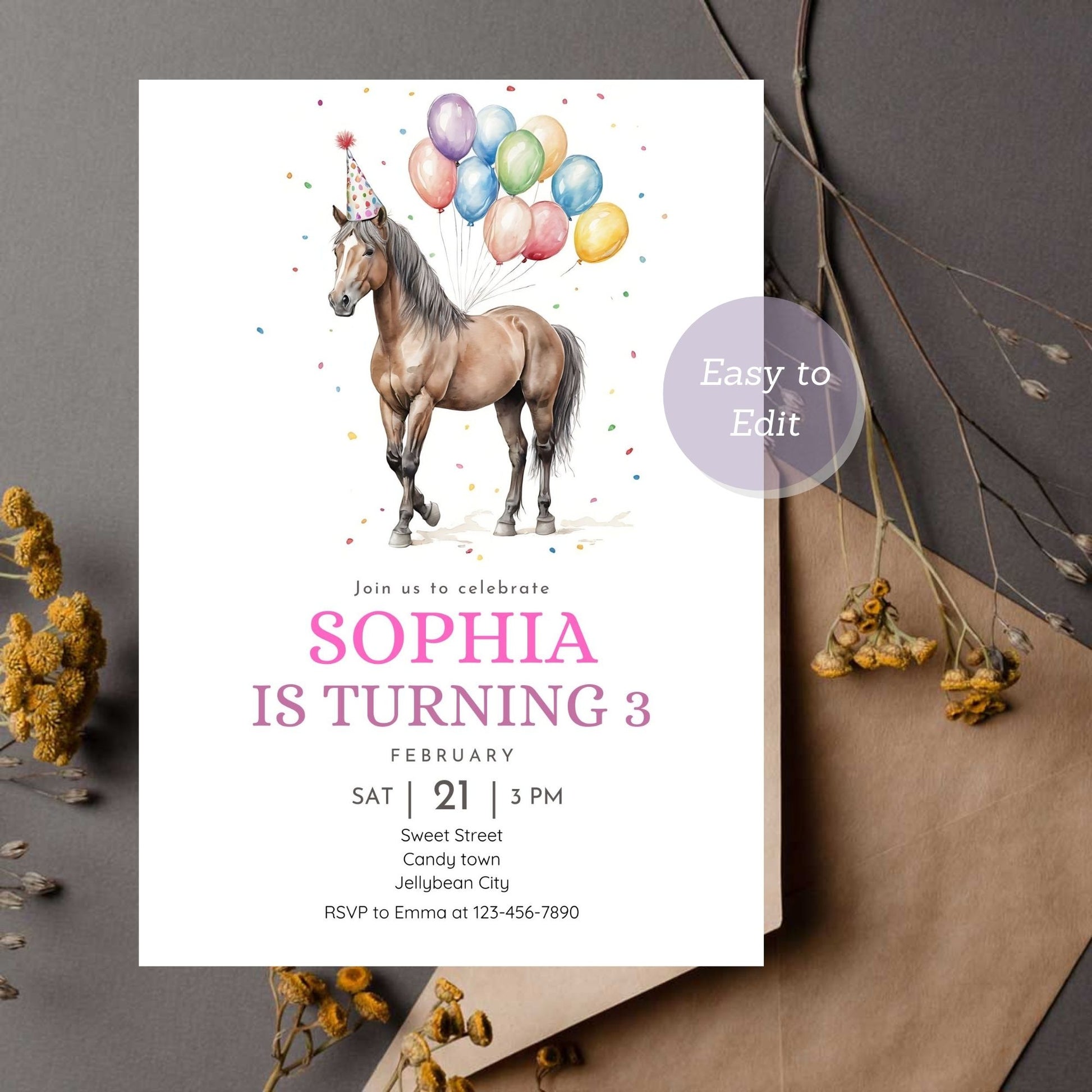 Editable horse birthday invite for pony-themed party