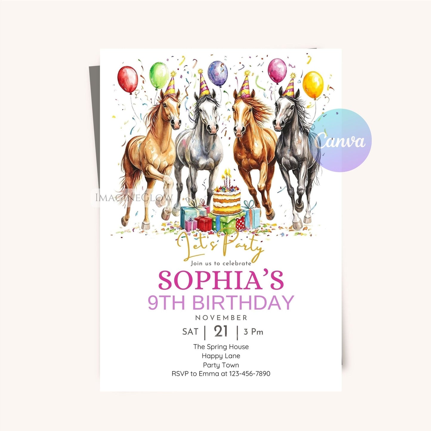 Printable horse party invitation with cake and balloons