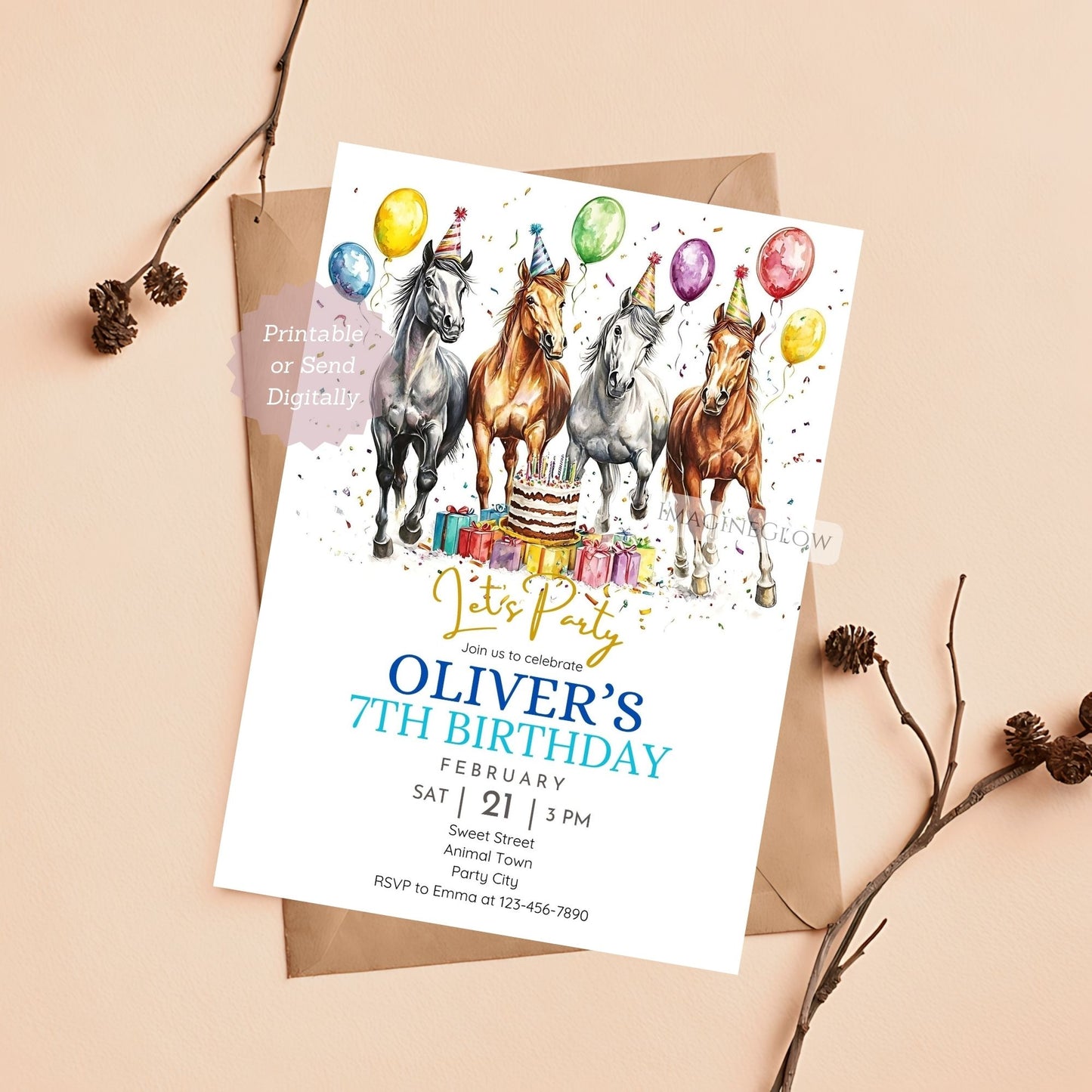 Farm party horse birthday invitation for kids